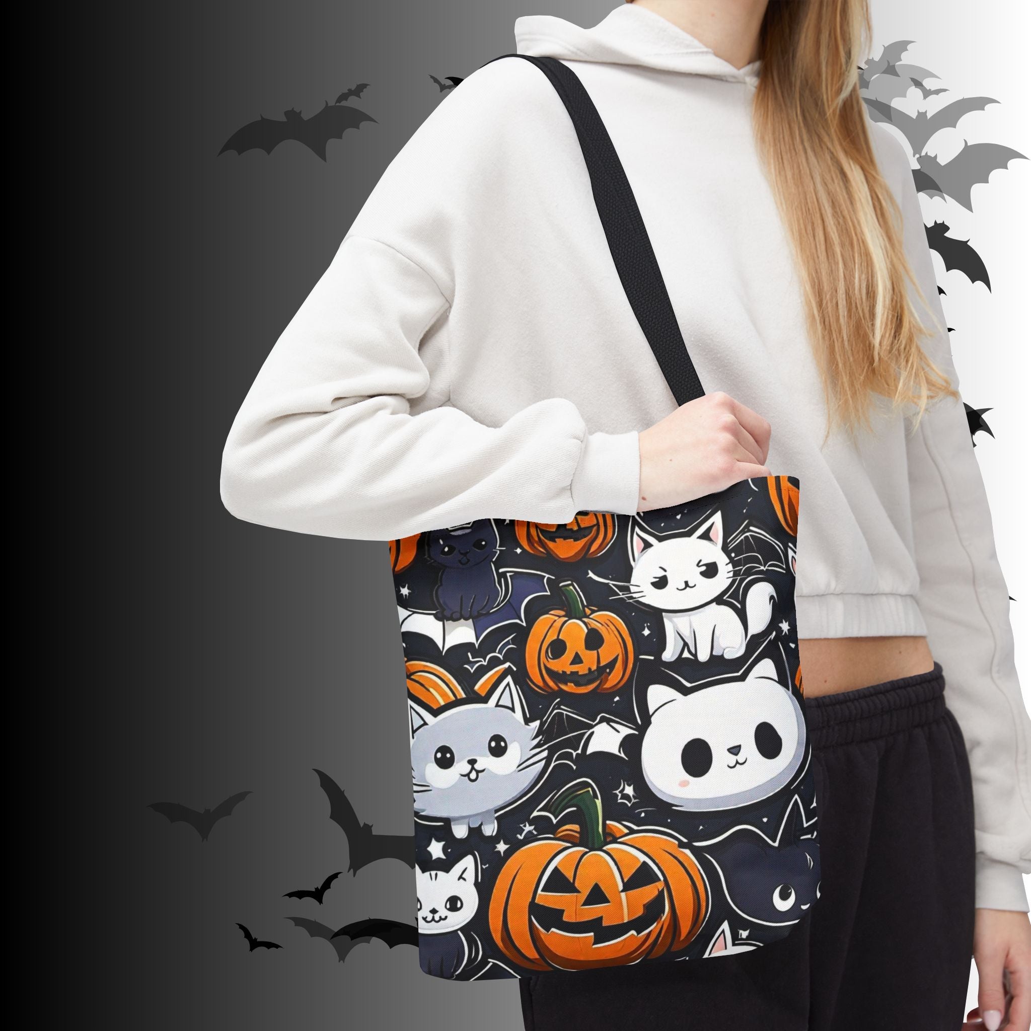 Kawaii Halloween Cat & Pumpkin Tote Bag — Spooky Multi-Cat Pattern