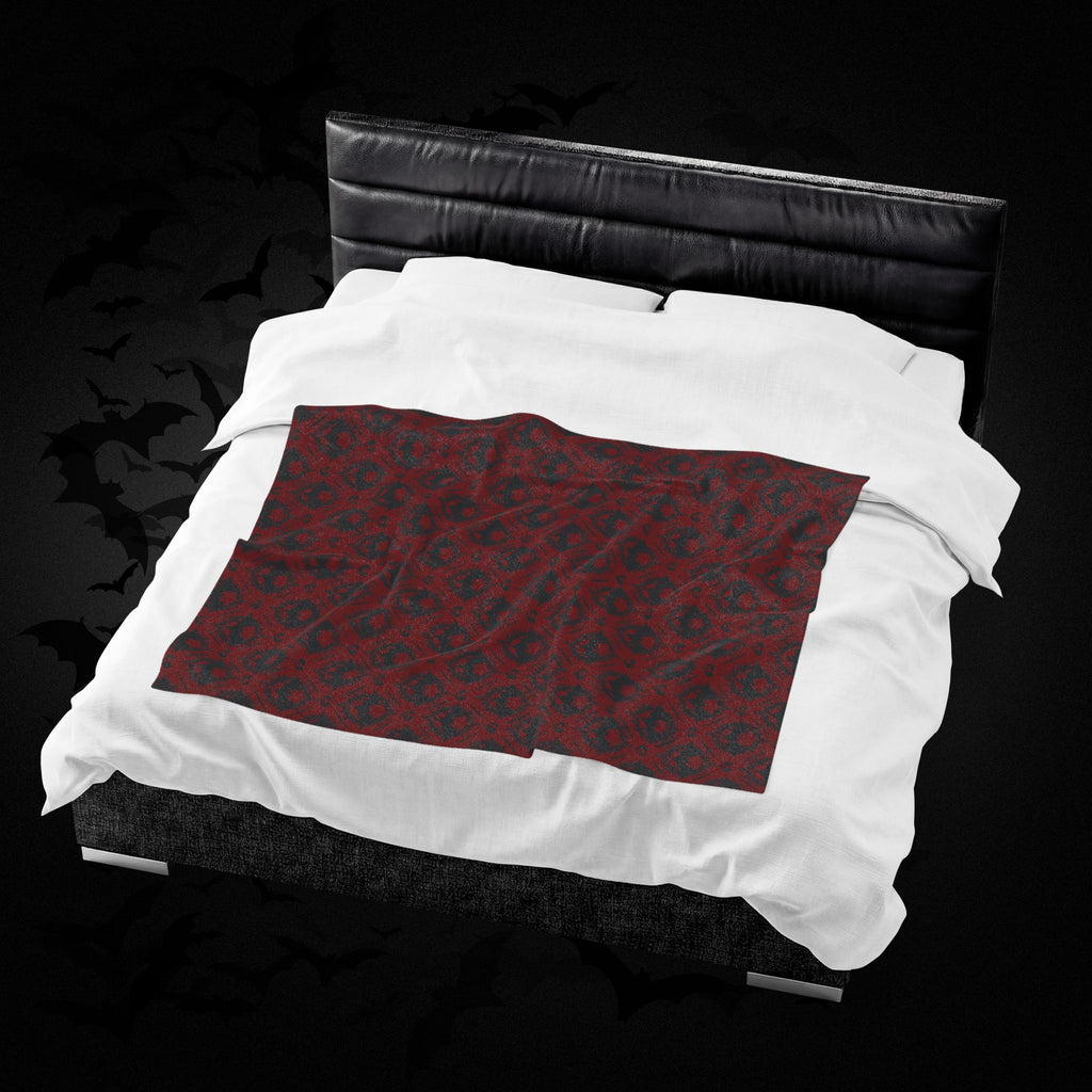 Gothic Bat & Skull Heart Throw Blanket — Crimson Red Colorway