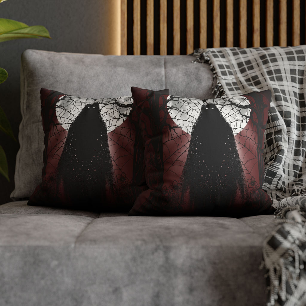 Gothic Ghost Cobweb Moon Throw Pillow — Spooky Halloween Dark Home Decor