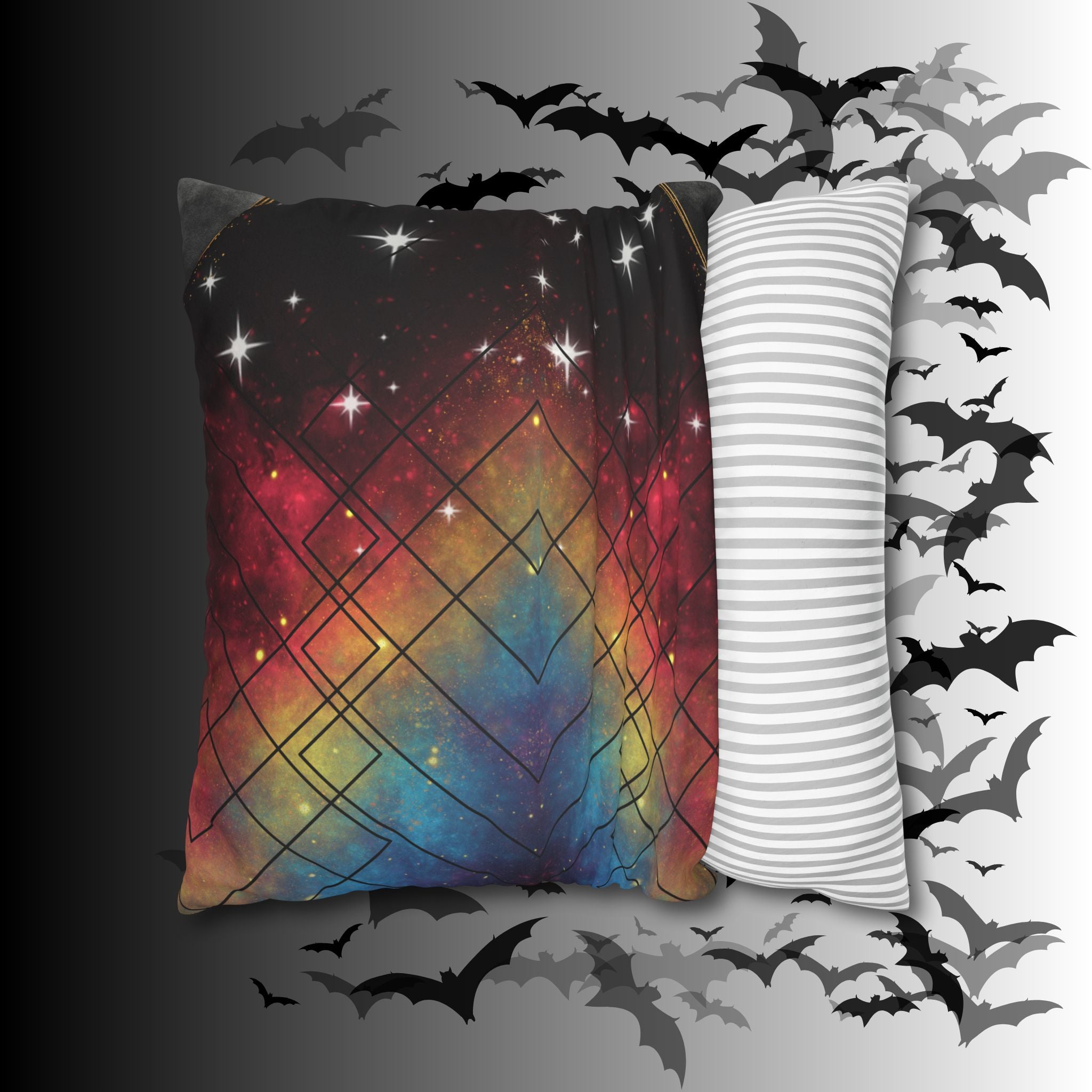 Rainbow Galaxy Geometric Throw Pillow — Celestial Cosmic Dark Home Decor