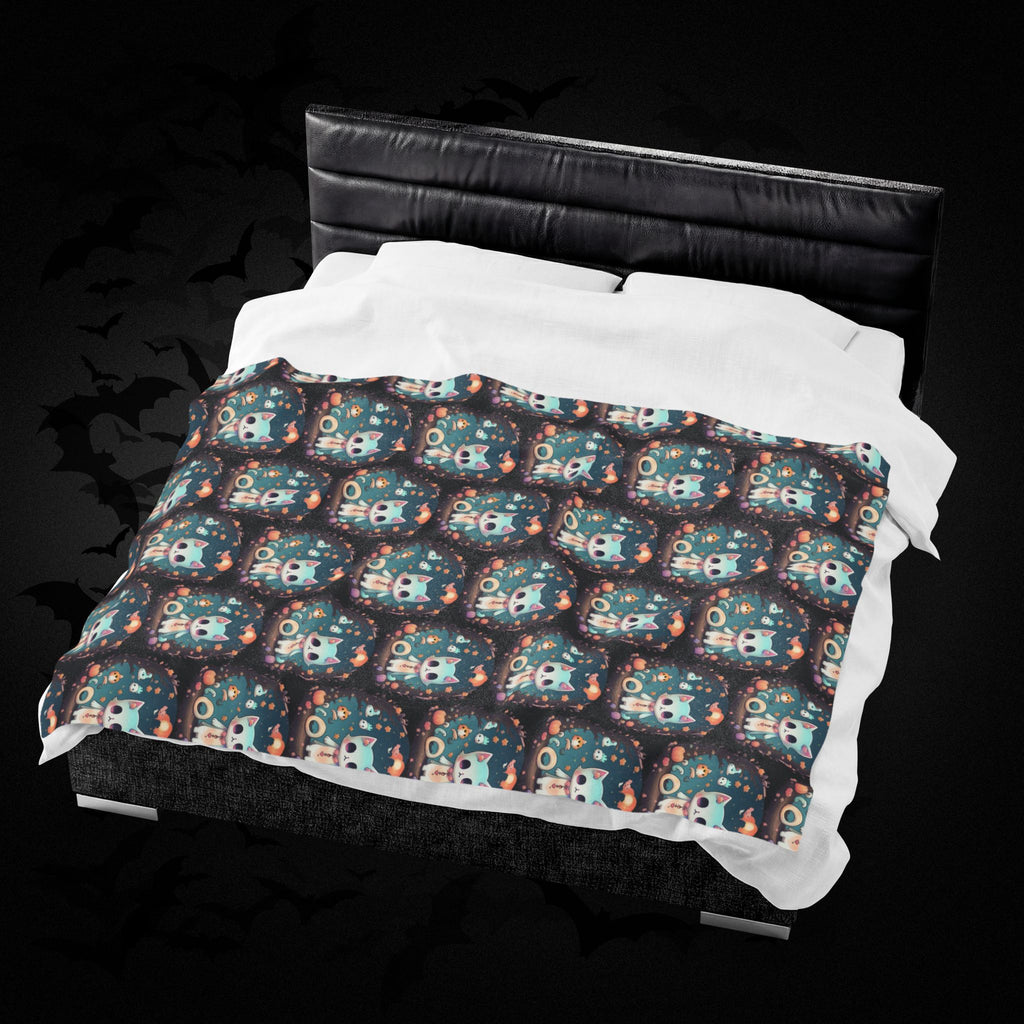 Pastel Goth Cat Throw Blanket — Creepy Cute Kawaii Dark Home Decor