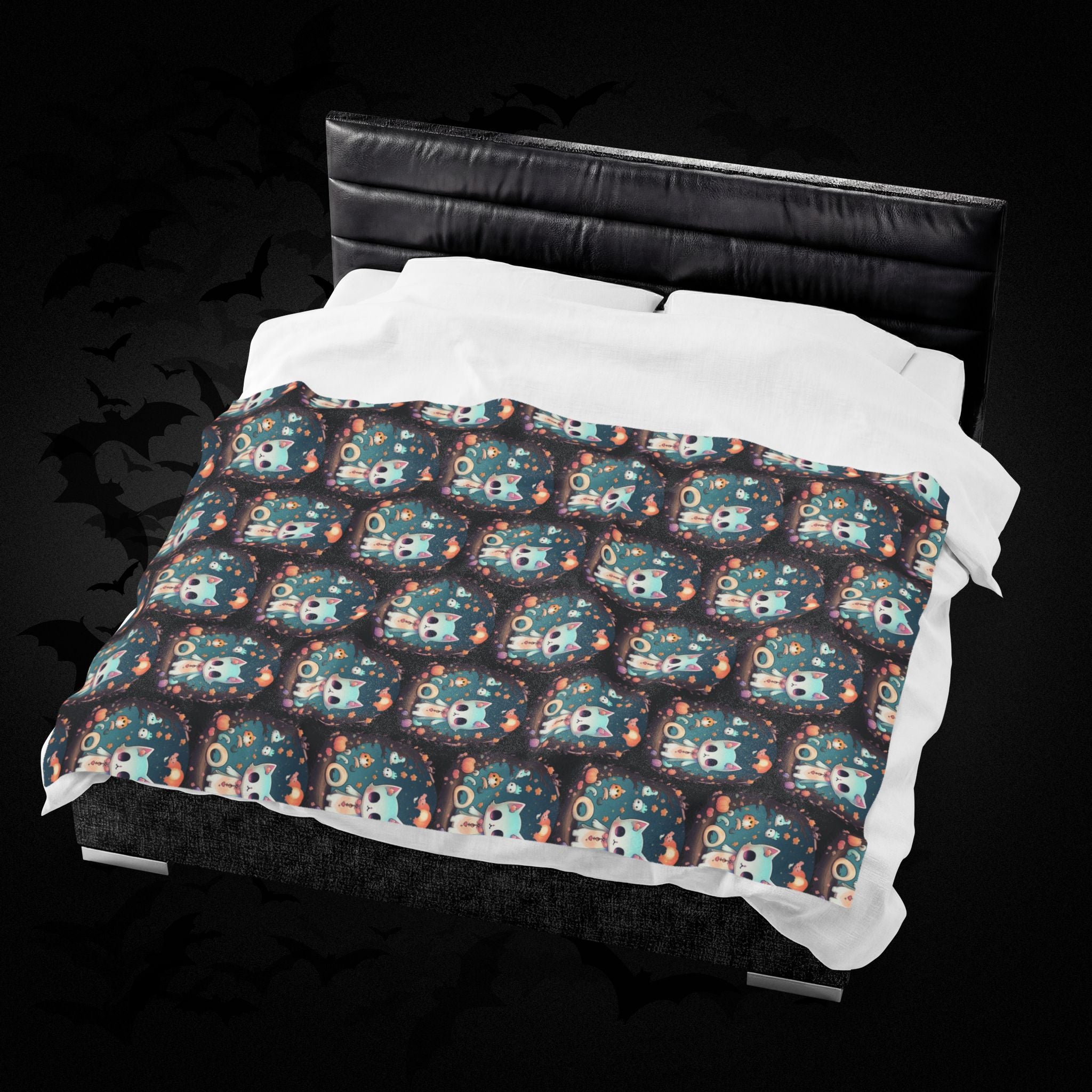 Pastel Goth Cat Throw Blanket — Creepy Cute Kawaii Dark Home Decor