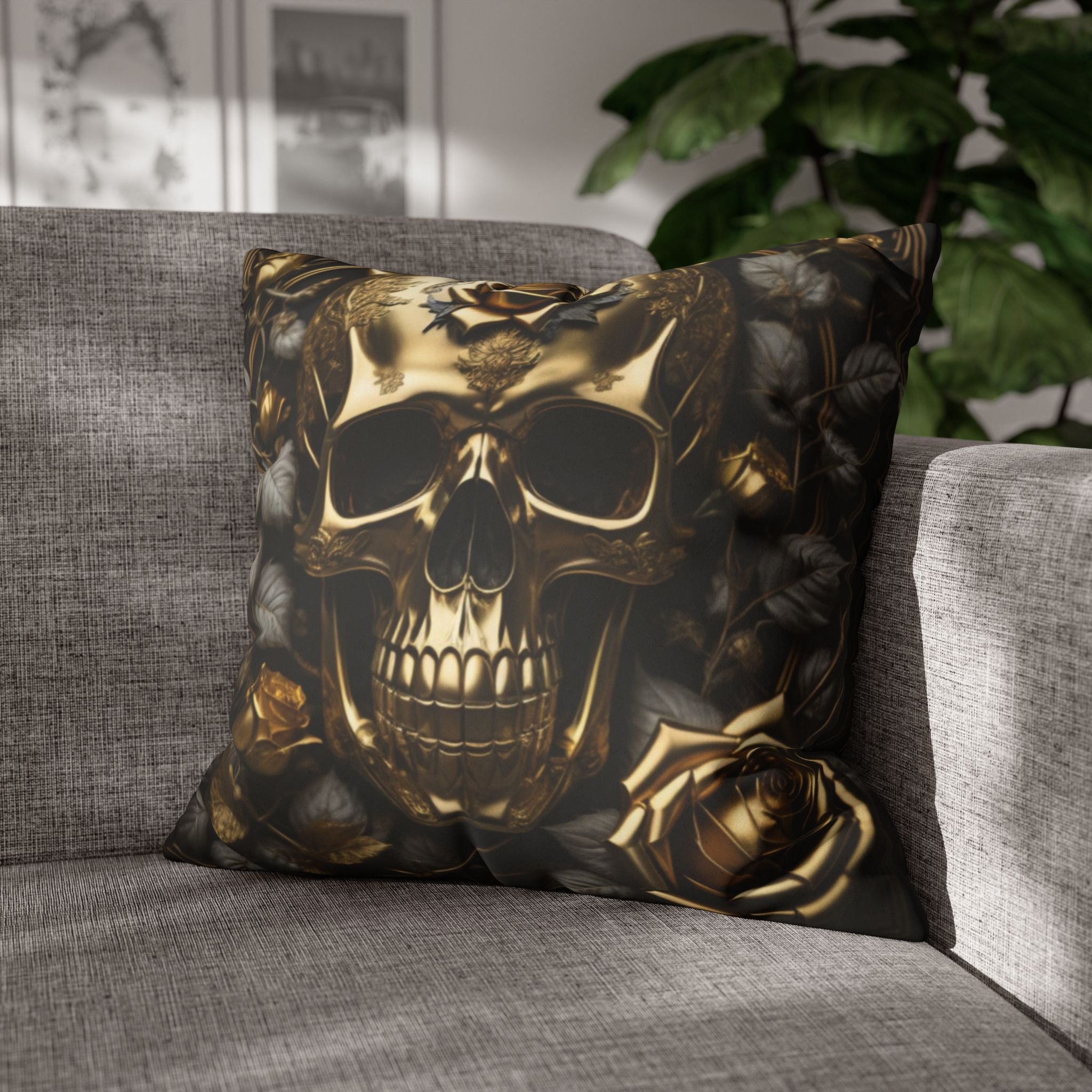 Gothic Gold Black Rose Skull Throw Pillow — Dark Floral Botanical Home Decor