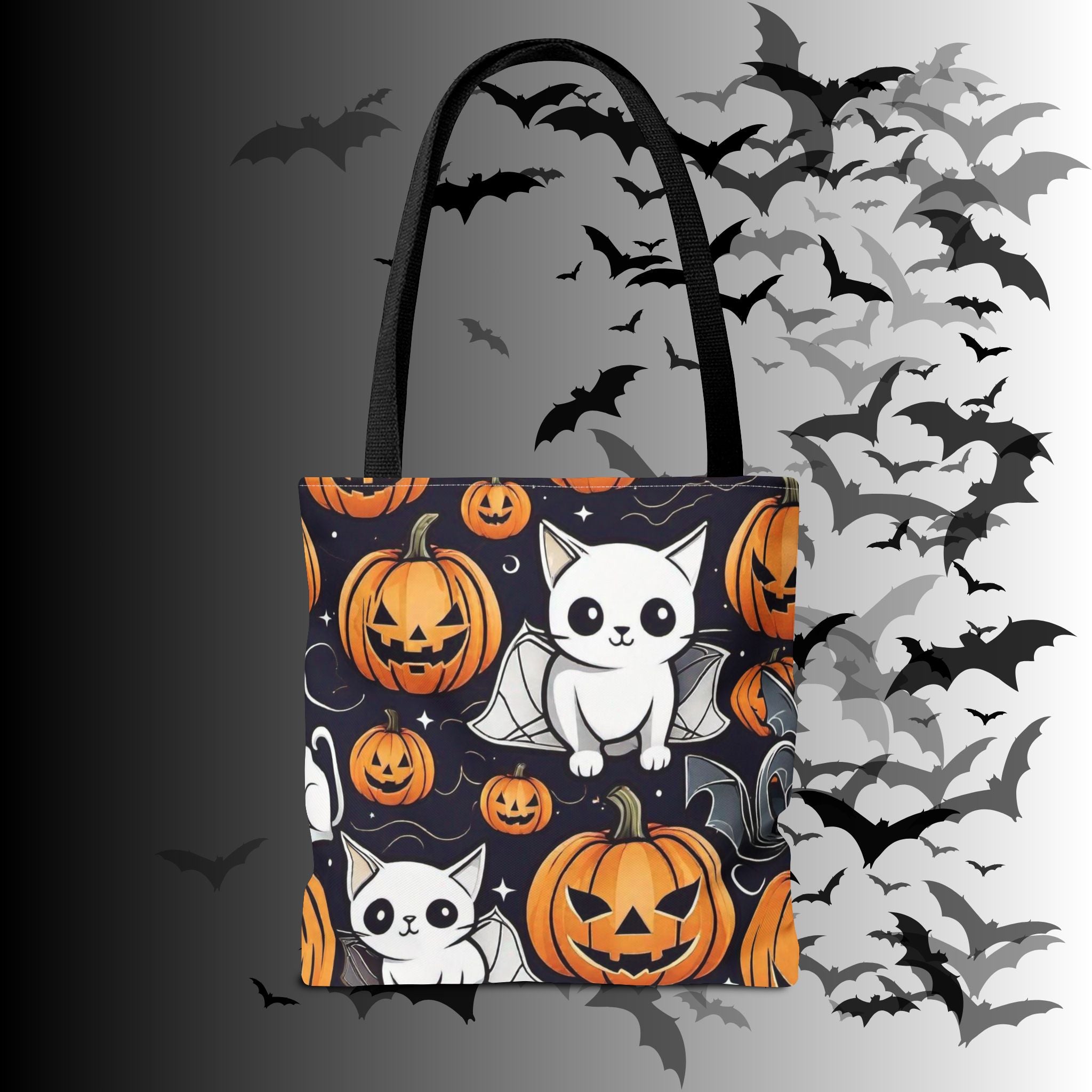 Kawaii Bat Cat Halloween Tote Bag — Spooky Pumpkin Pattern