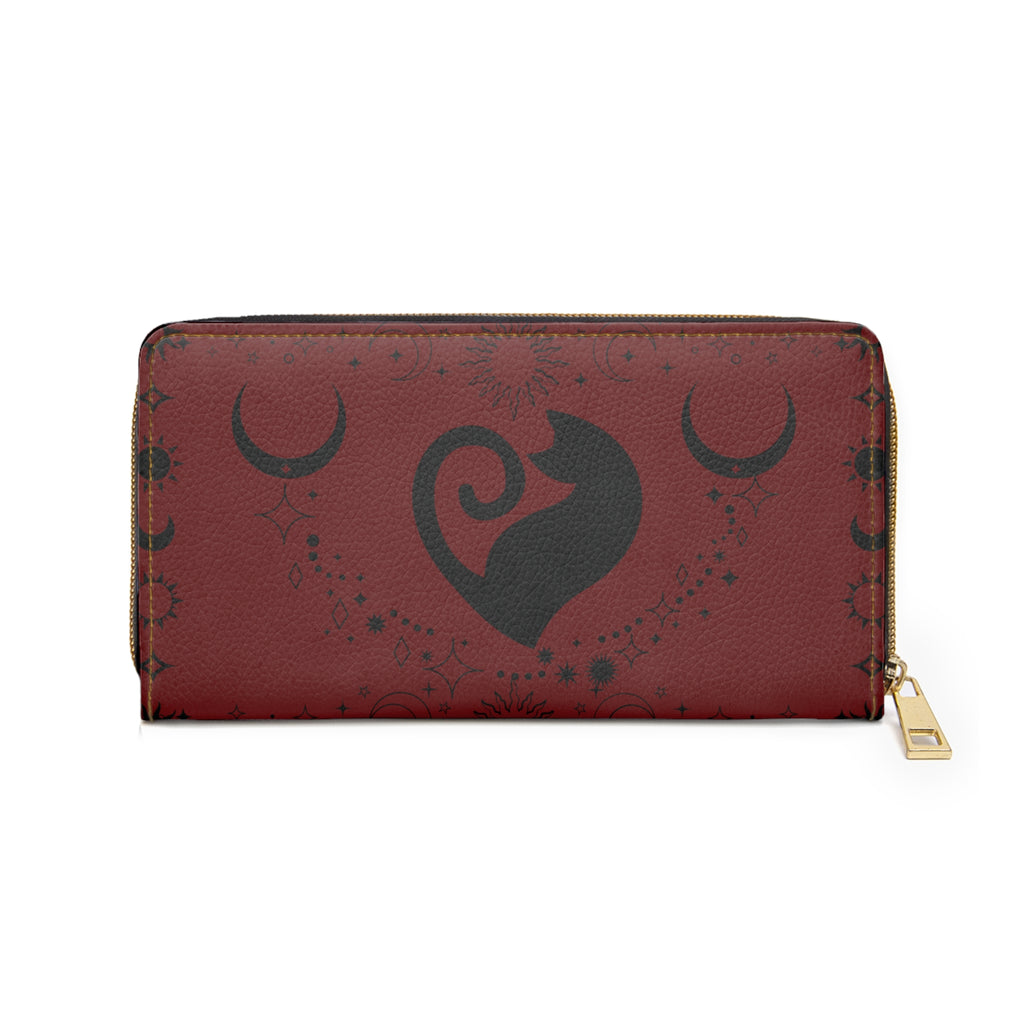 Gothic Celestial Cat Heart Wallet | Crimson Moon Faux Leather Zipper Clutch