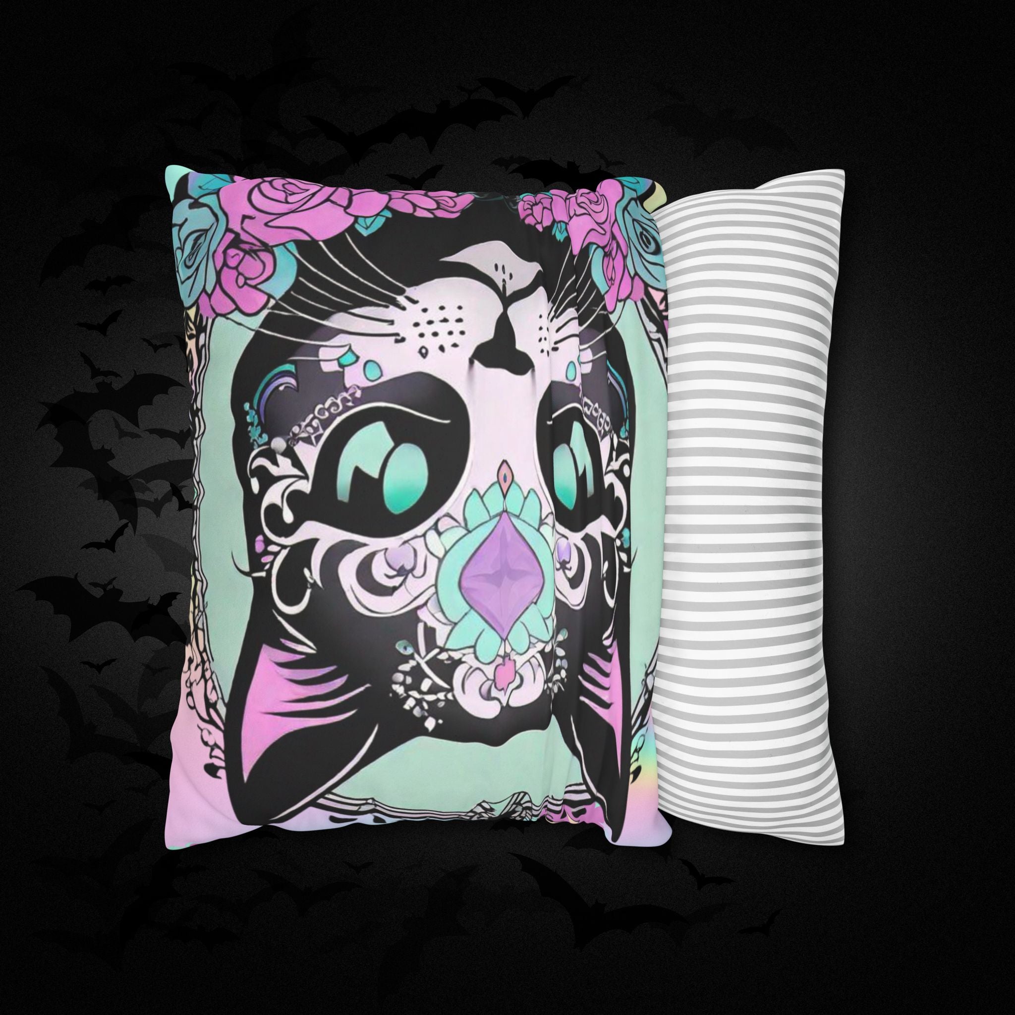 Pastel Goth Sugar Skull Cat Throw Pillow — Floral Gothic Home Decor