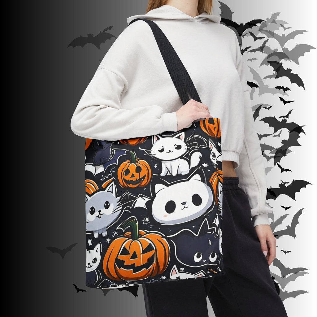 Kawaii Halloween Cat & Pumpkin Tote Bag — Spooky Multi-Cat Pattern