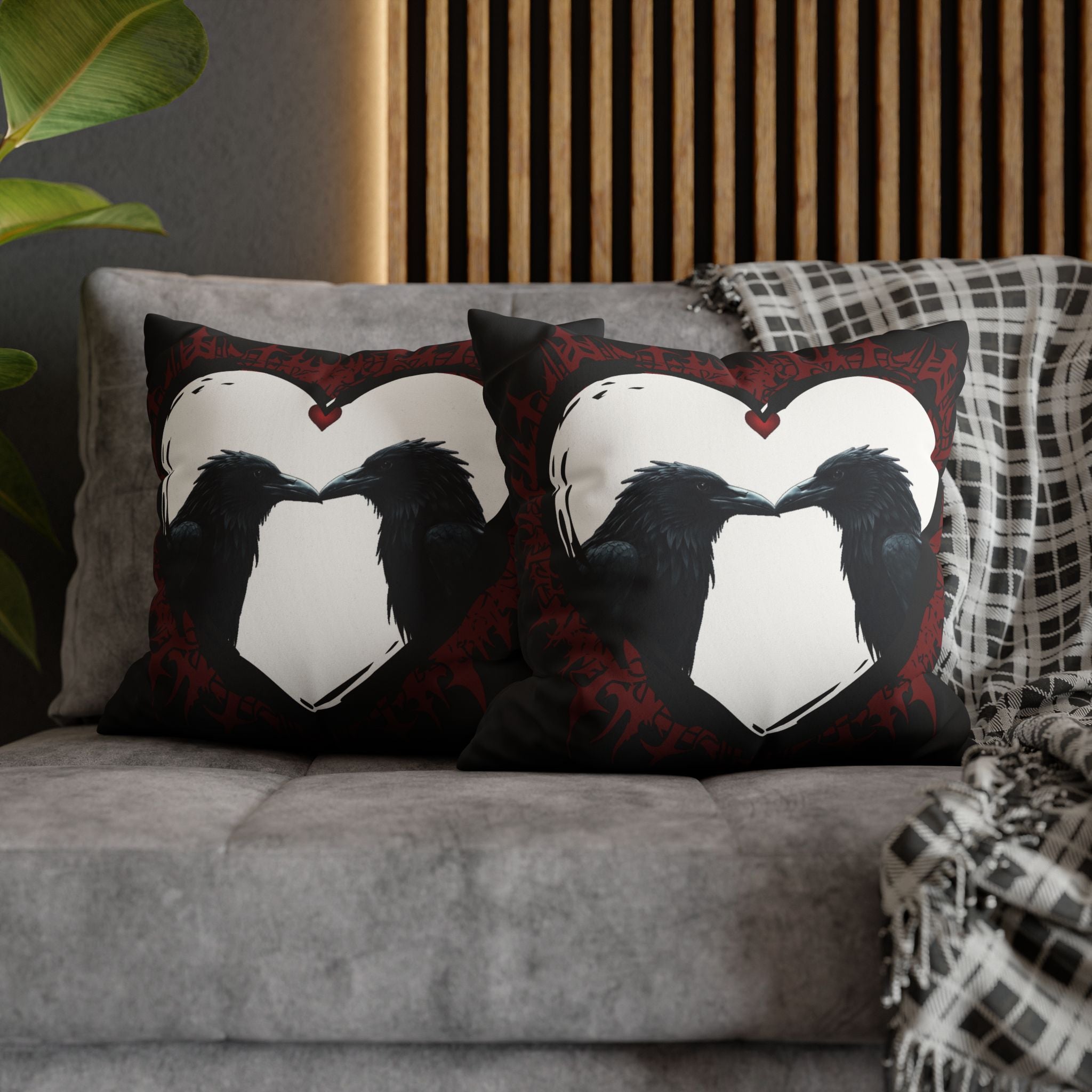 Gothic Ravens Love Heart Throw Pillow — Dark Valentine Gothic Home Decor