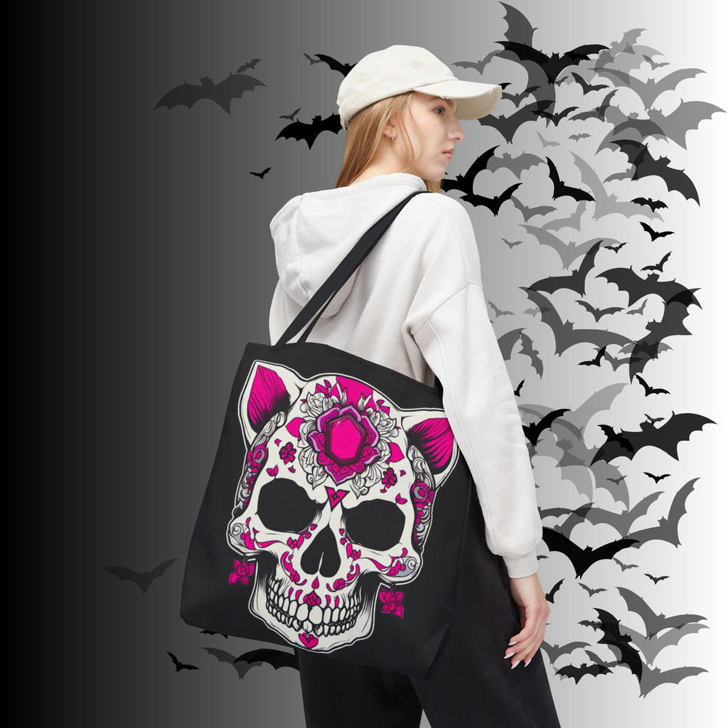 Pink Sugar Skull Cat Tote Bag — Day of the Dead Floral Design