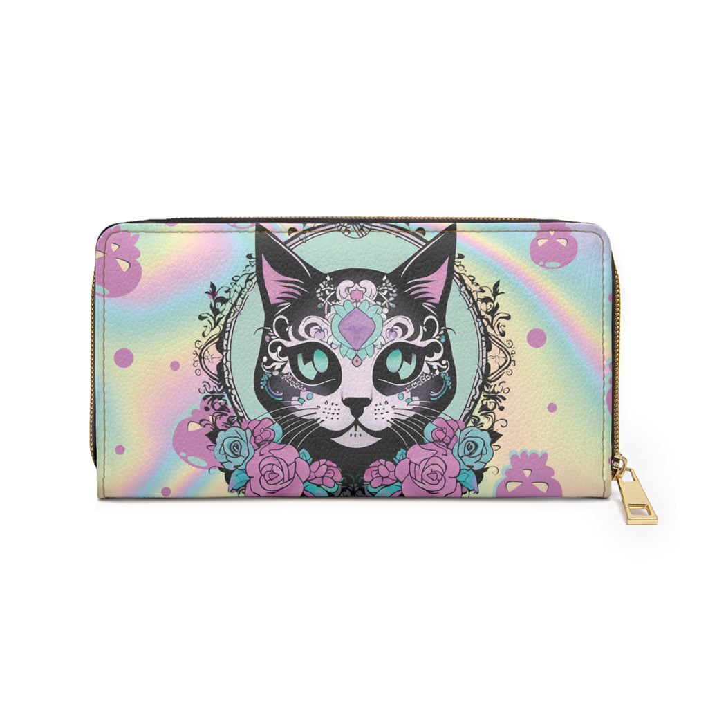 Pastel Goth Sugar Skull Cat Wallet | Rainbow Holographic Faux Leather Zipper Clutch