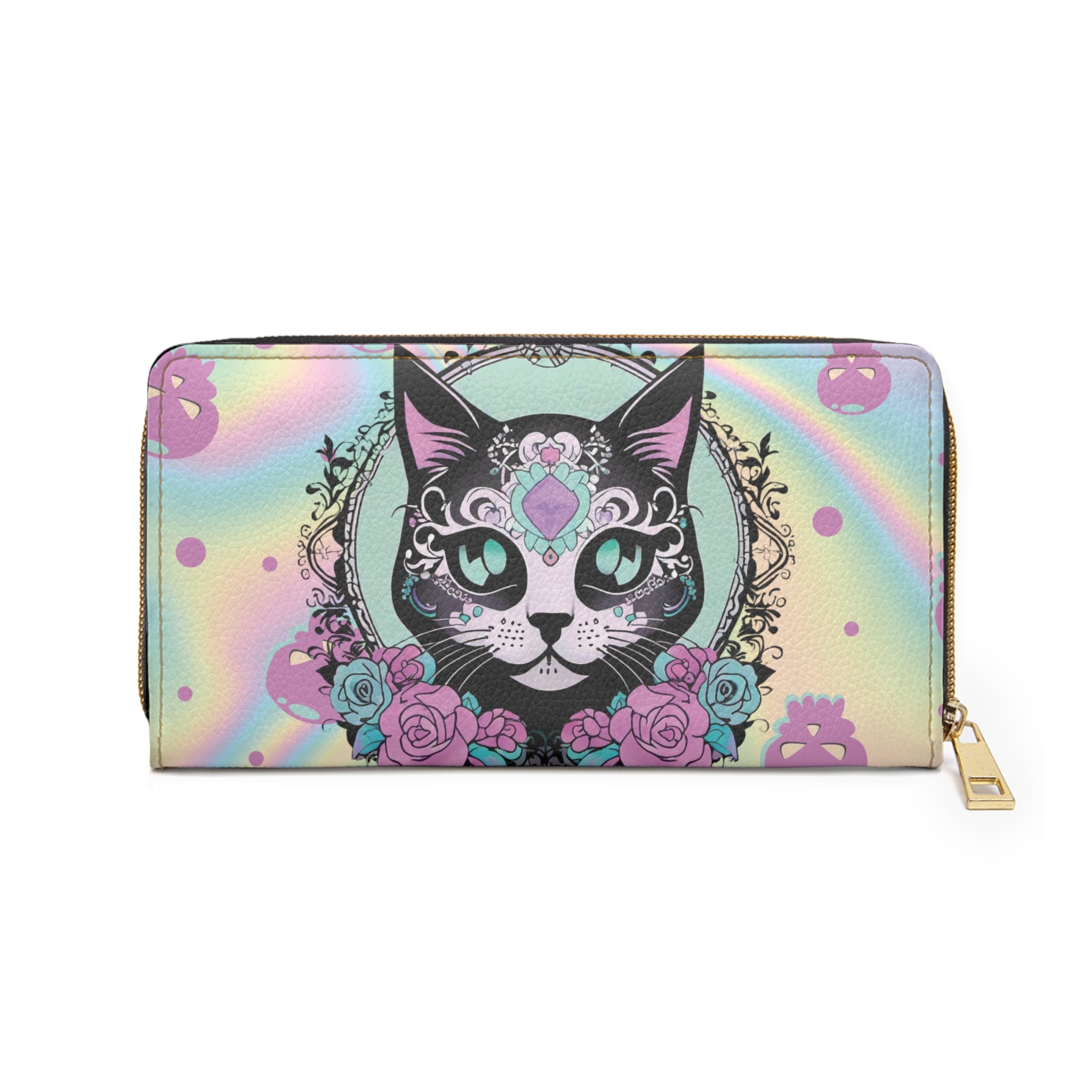 Pastel Goth Sugar Skull Cat Wallet | Rainbow Holographic Faux Leather Zipper Clutch