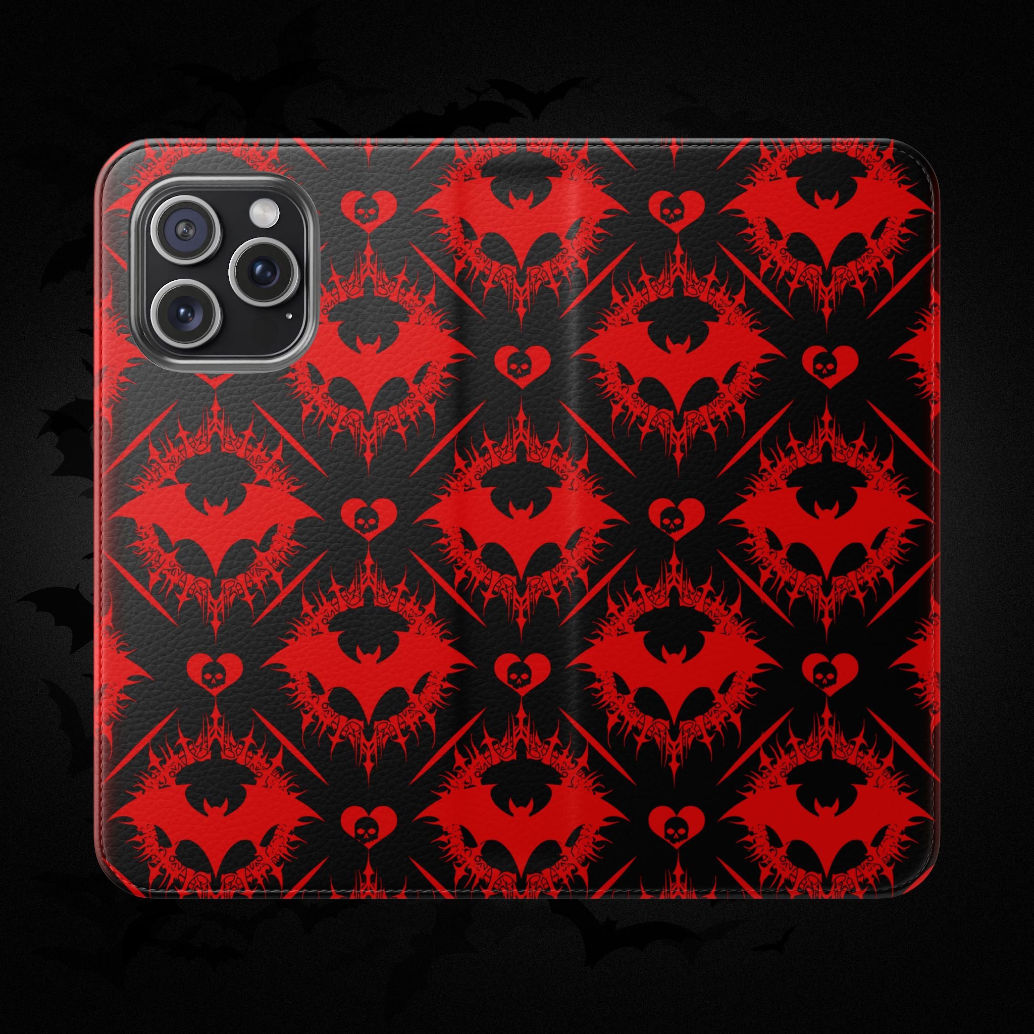 Gothic Bat Wallet Flip Case - Elegant Goth Phone Wallet - Bat Pattern Flip Case - Gothic Phone Case - Stylish Wallet Phone Case