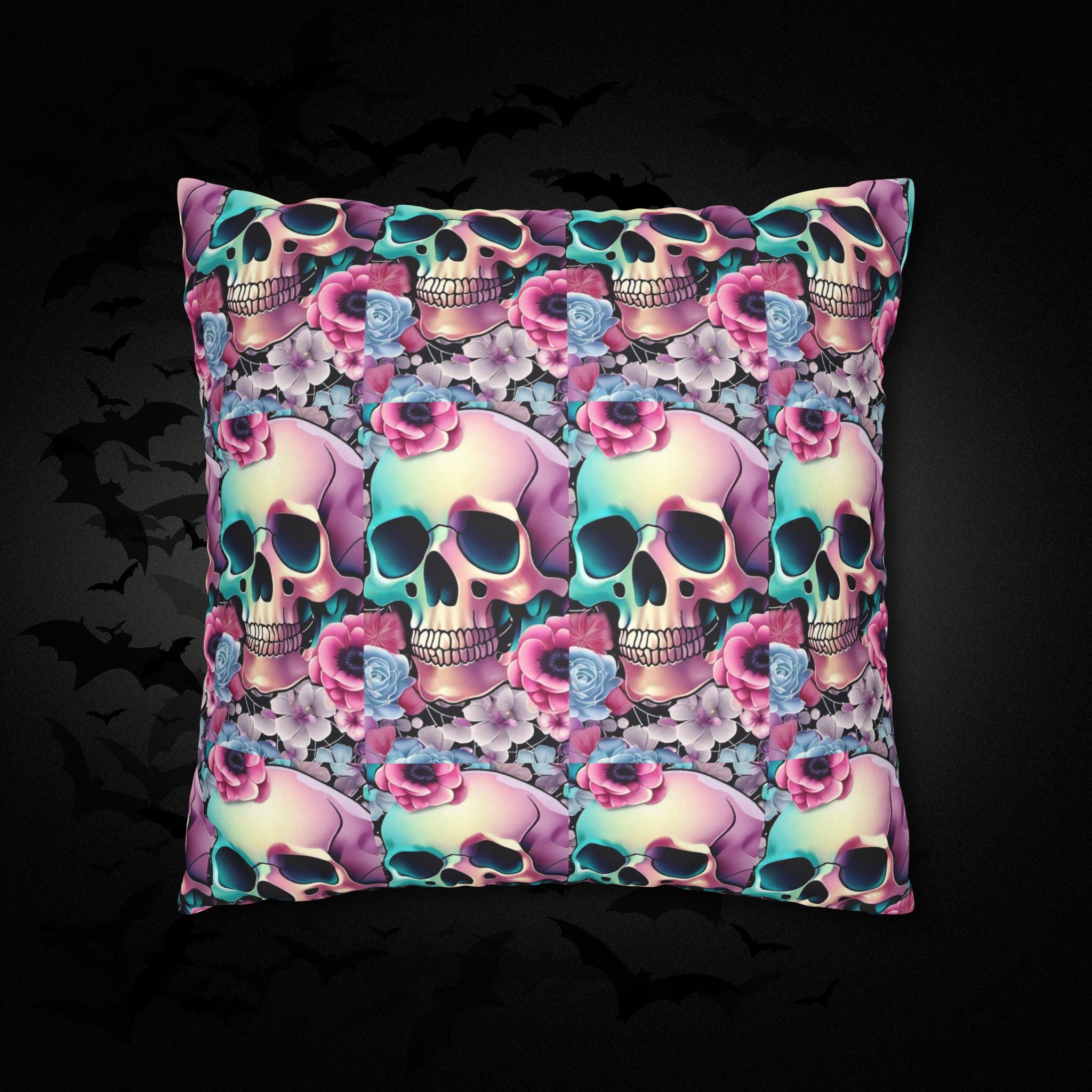 Pastel Goth Floral Skull Throw Pillow — Dark Floral Emo Home Decor