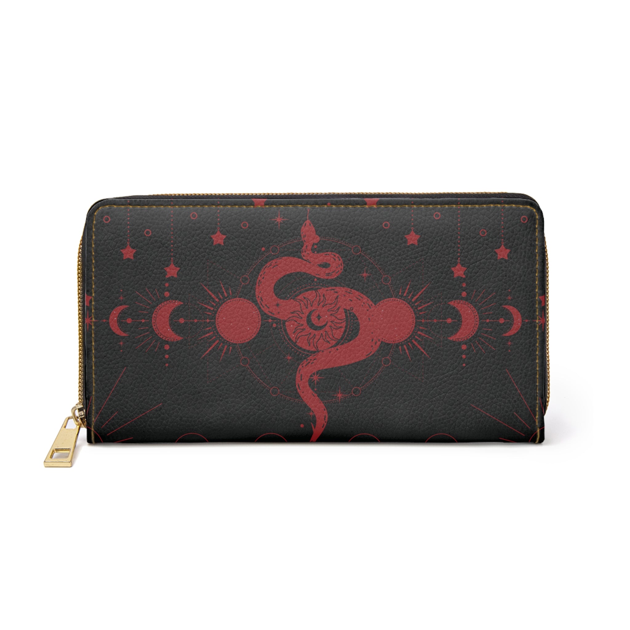 Gothic Celestial Snake Moon Phase Wallet | Witchy Faux Leather Zipper Clutch