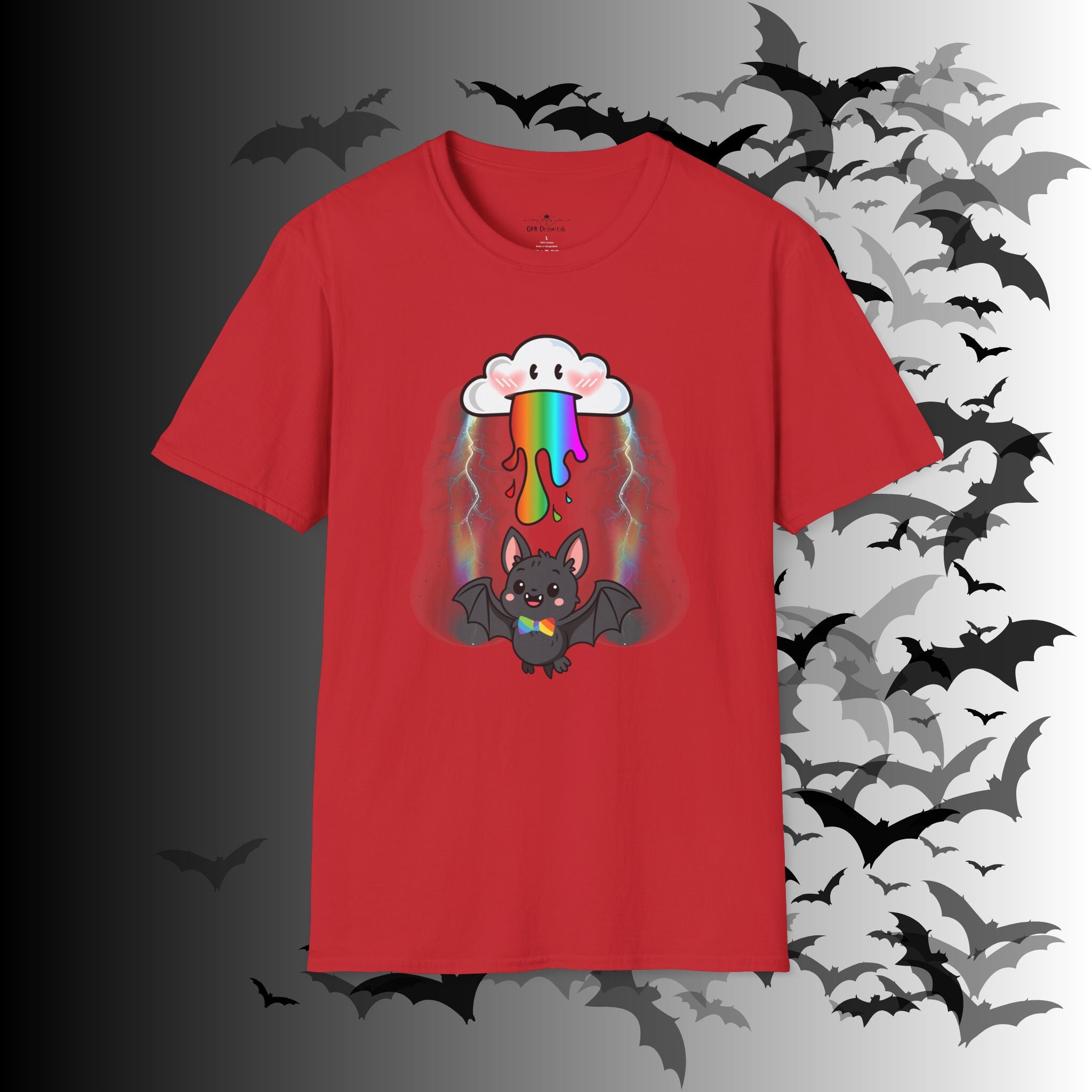 Rainbow Vomit Cloud Bat T-Shirt — Kawaii Goth Pride Unisex Tee
