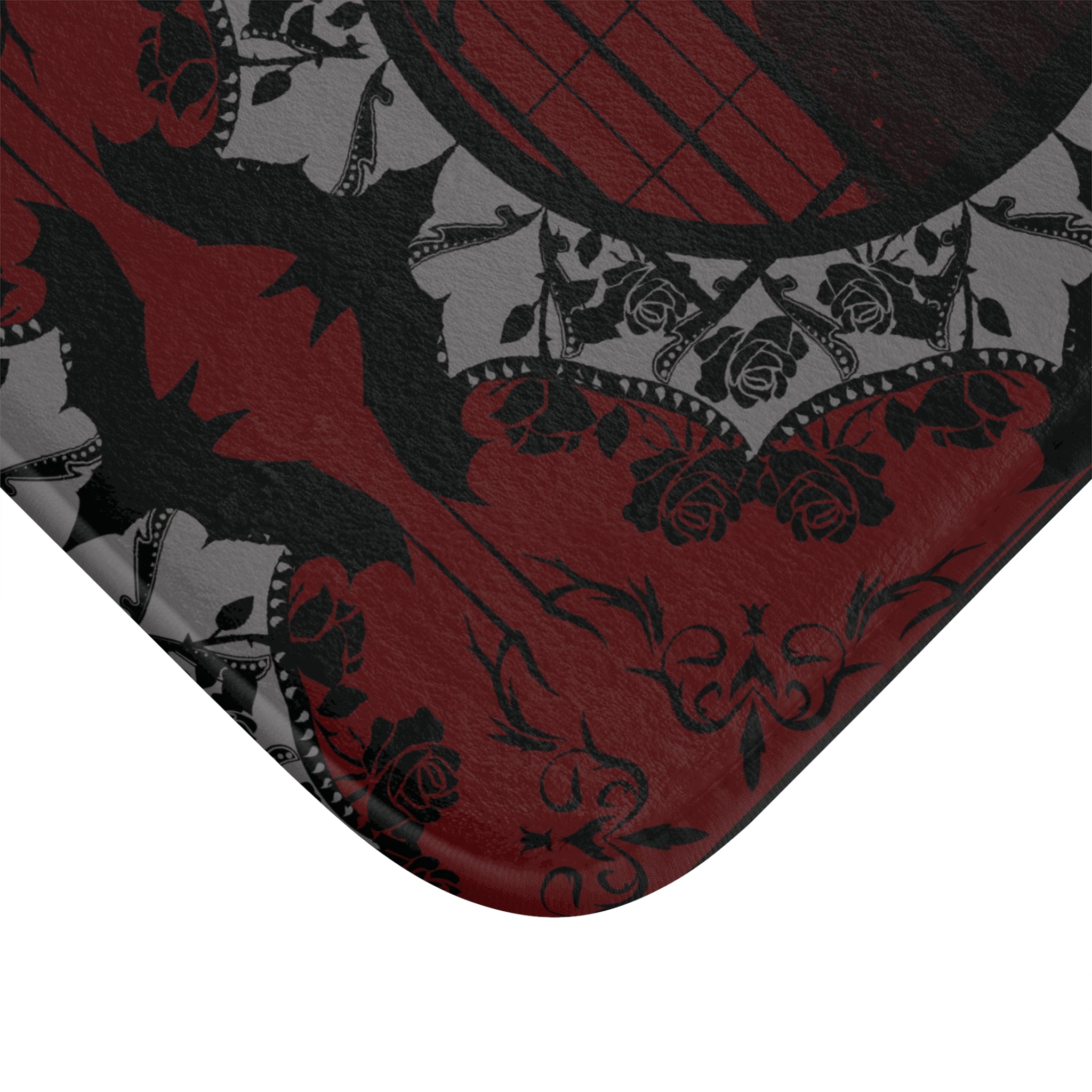 Gothic Cathedral Bats Bath Mat — Elegant Crimson Bathroom Decor