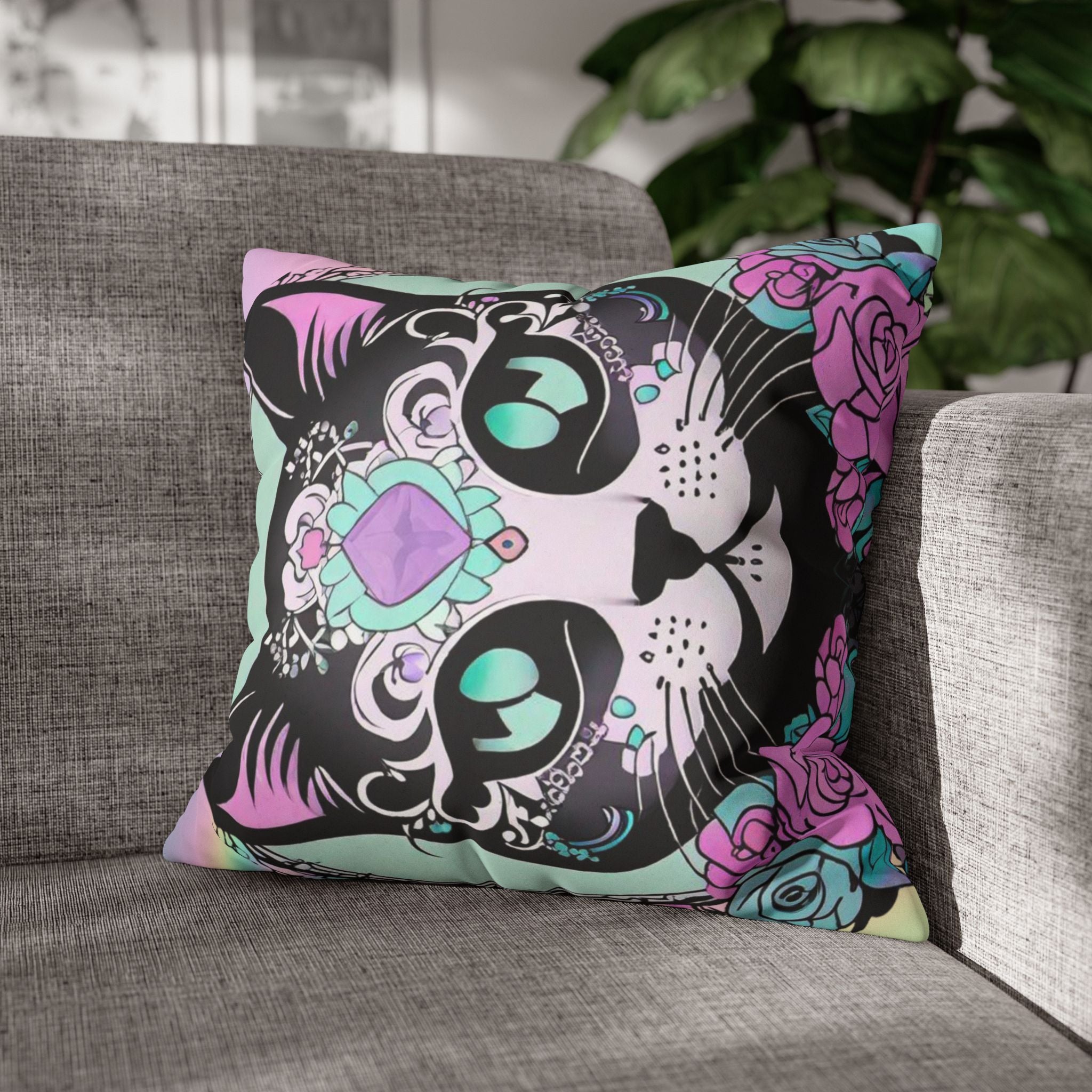 Pastel Goth Sugar Skull Cat Throw Pillow — Floral Gothic Home Decor