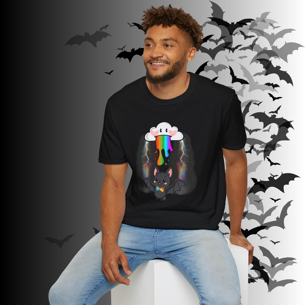 Rainbow Vomit Cloud Bat T-Shirt — Kawaii Goth Pride Unisex Tee