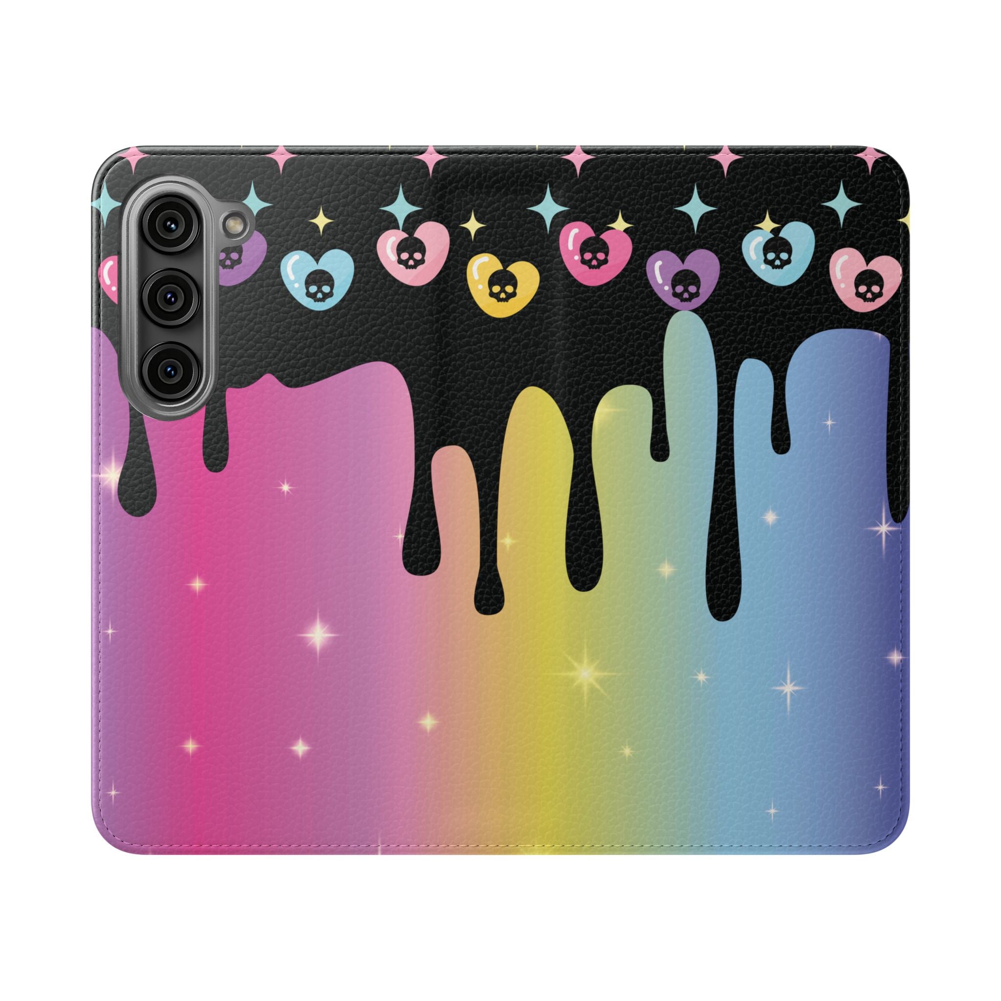 Pastel Goth Drippy Rainbow Skulls Flip Wallet Phone Case - Wallet Case for Samsung and iPhone - Gothic Style Wallet Phone Cases