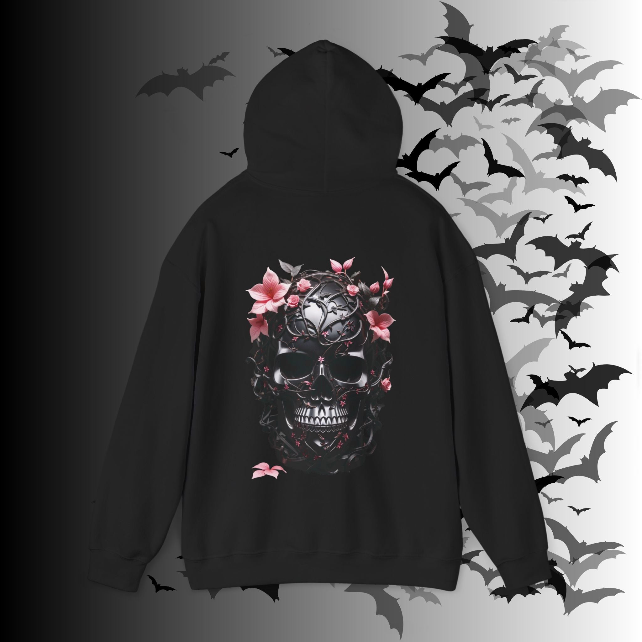 Gothic Floral Skull Hoodie — Black Ornate Skull Pink Flower Back Print Pullover