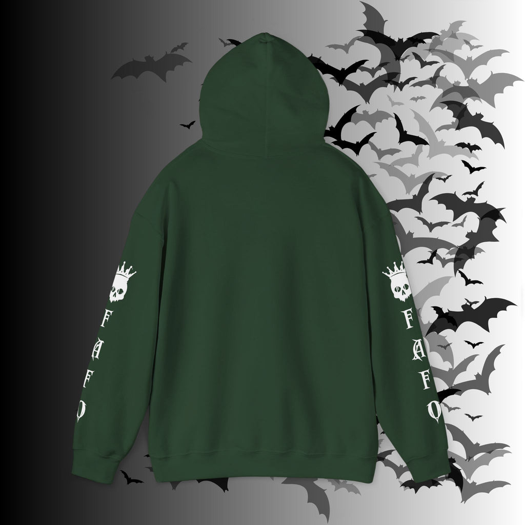 I Identify As a Threat Hoodie — Gothic Skull Sleeve Print FAFO Black