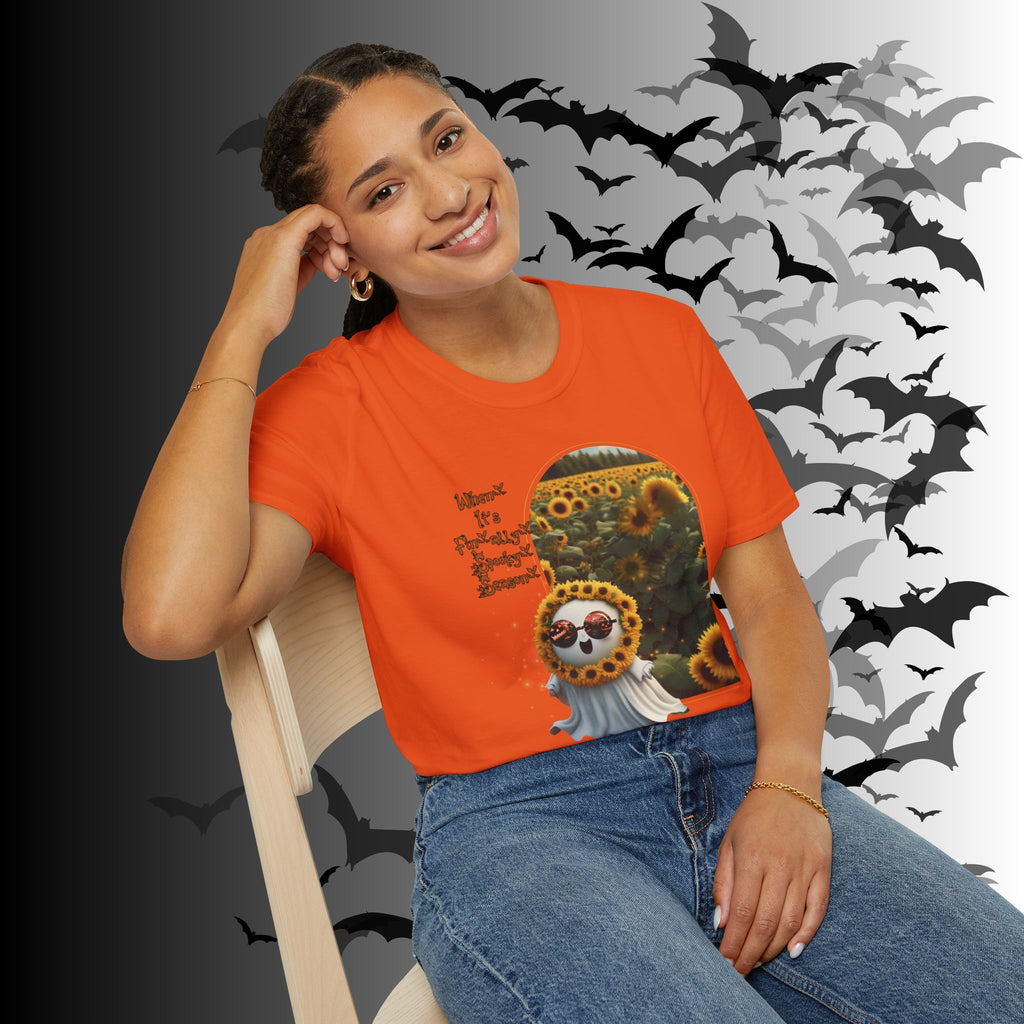"When It's Finally Spooky Season" Ghost Sunflower T-Shirt — Halloween Tee