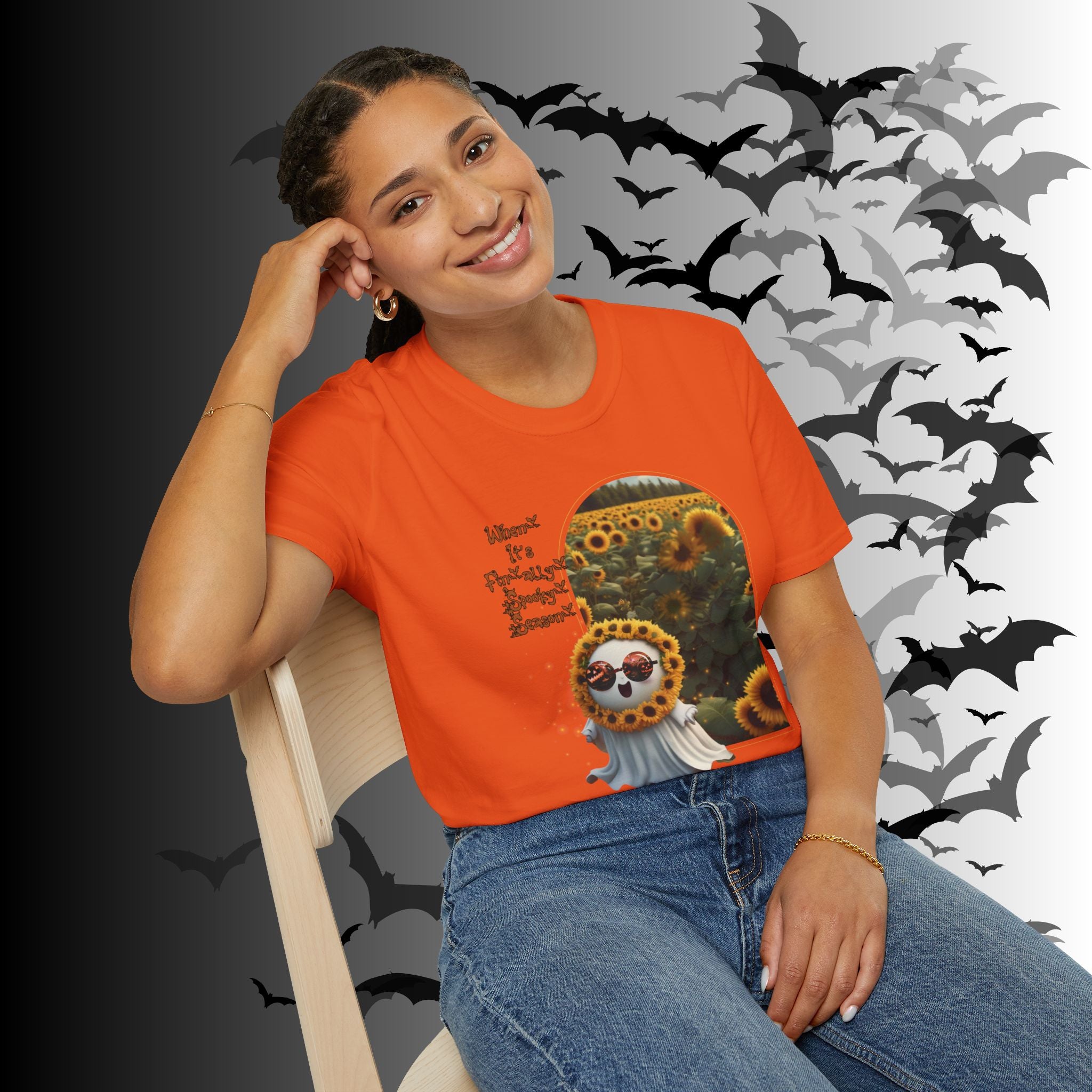 "When It's Finally Spooky Season" Ghost Sunflower T-Shirt — Halloween Tee