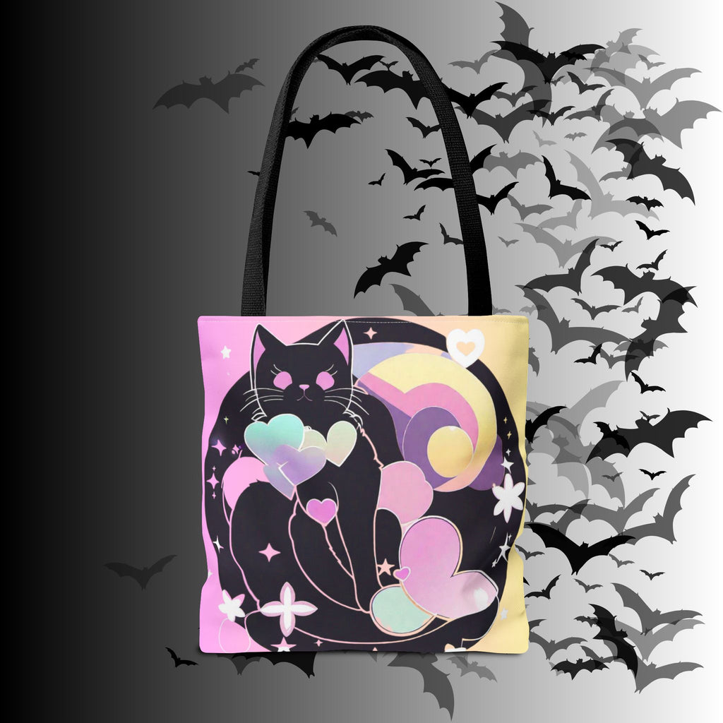 Pastel Goth Black Cat Heart Balloon Tote Bag — Kawaii Moon Print