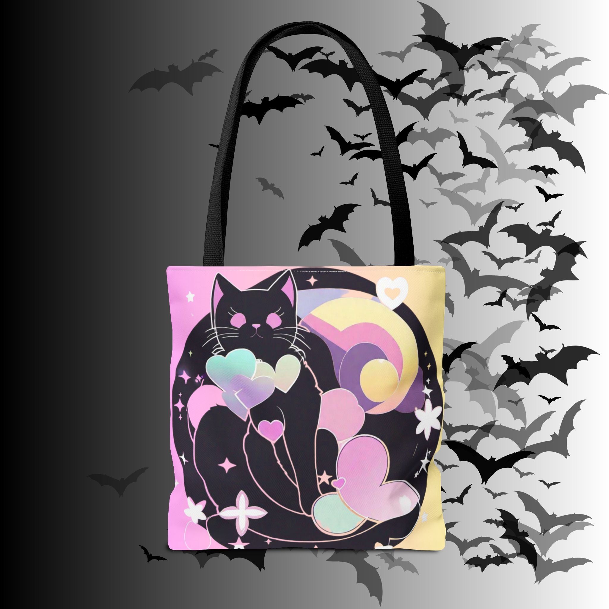 Pastel Goth Black Cat Heart Balloon Tote Bag — Kawaii Moon Print