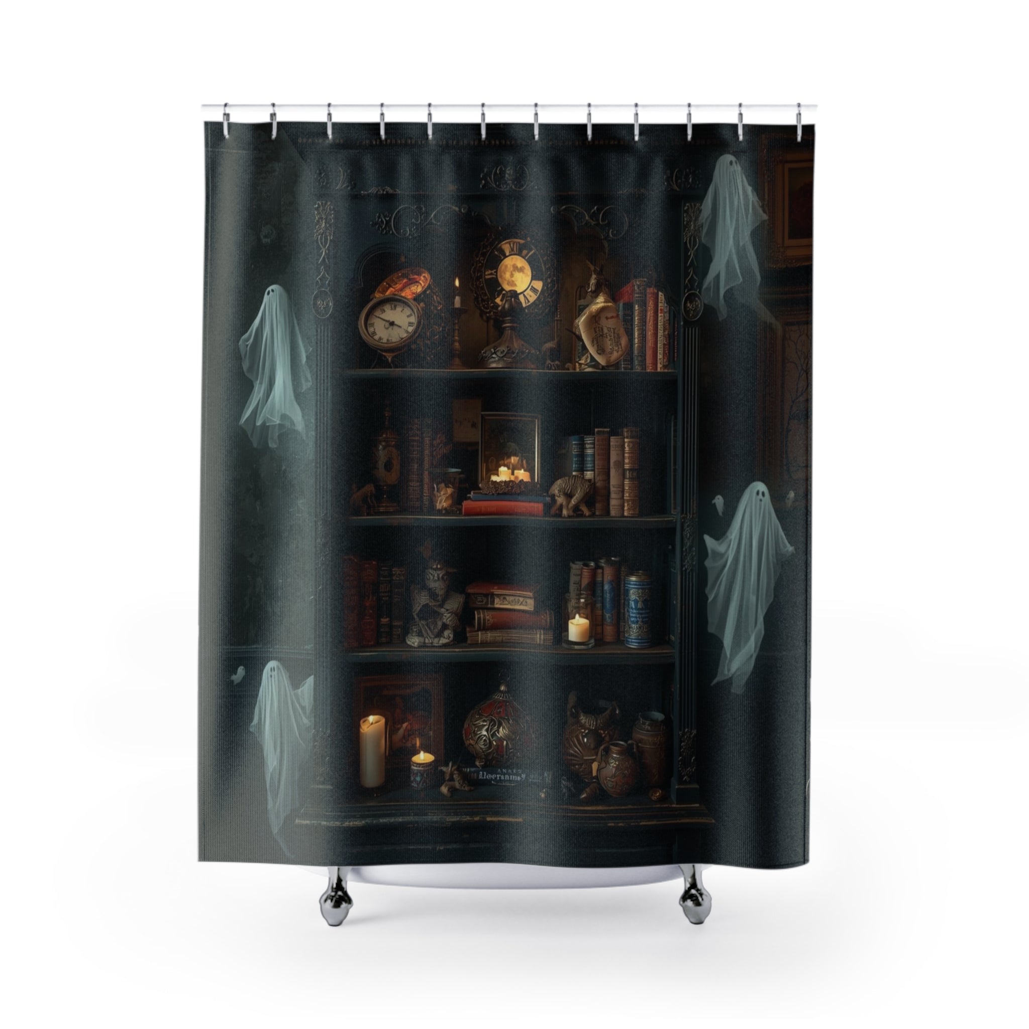 Whimsigoth Bookcase Ghost Shower Curtain — Dark Academia Ghost Library Decor