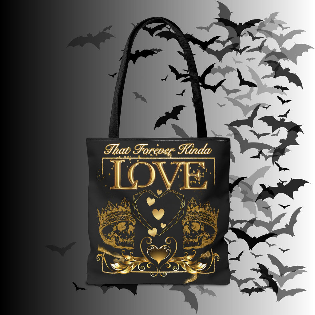 "That Forever Kinda Love" Gothic Skull Crown Tote Bag — Dark Romance Gold Print