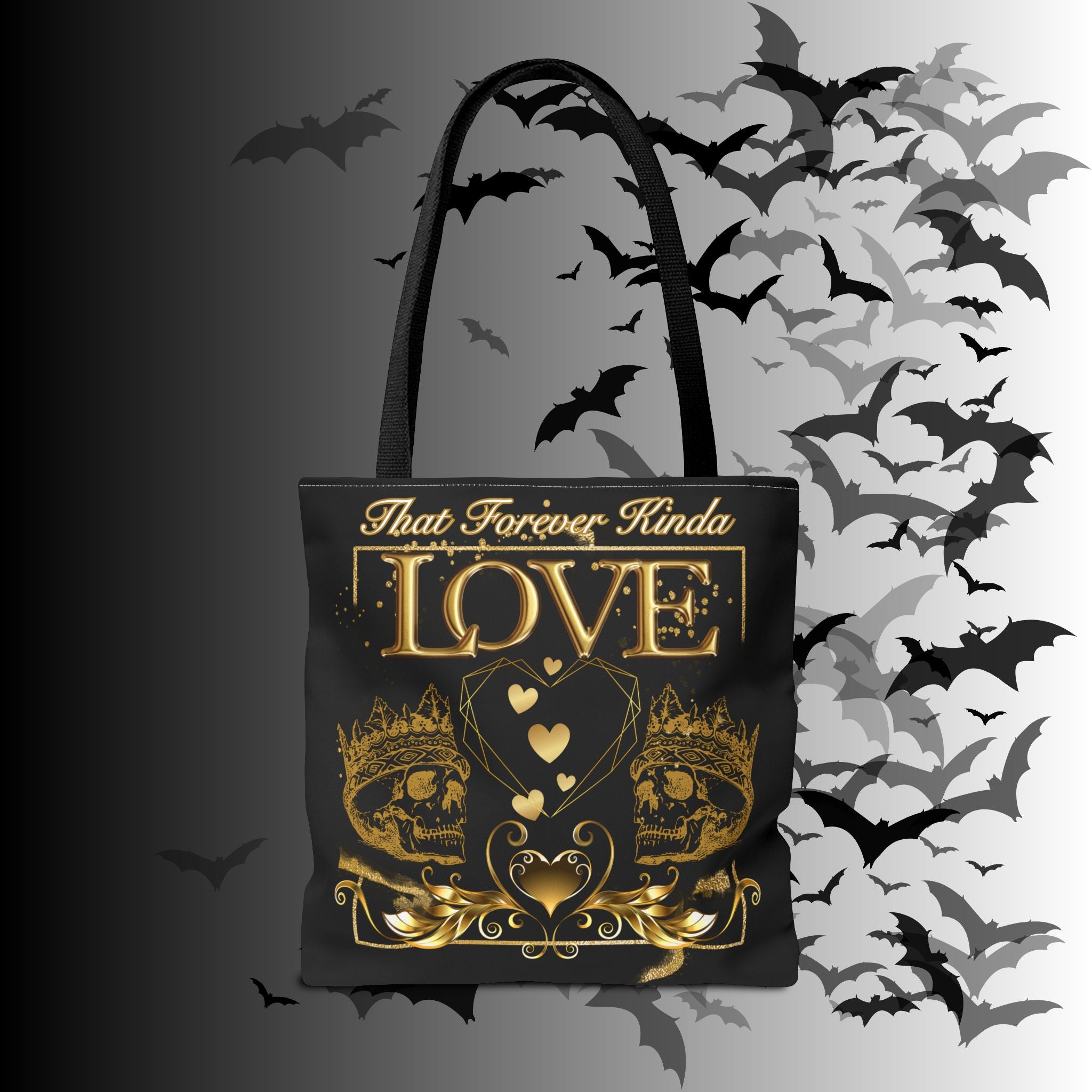 "That Forever Kinda Love" Gothic Skull Crown Tote Bag — Dark Romance Gold Print