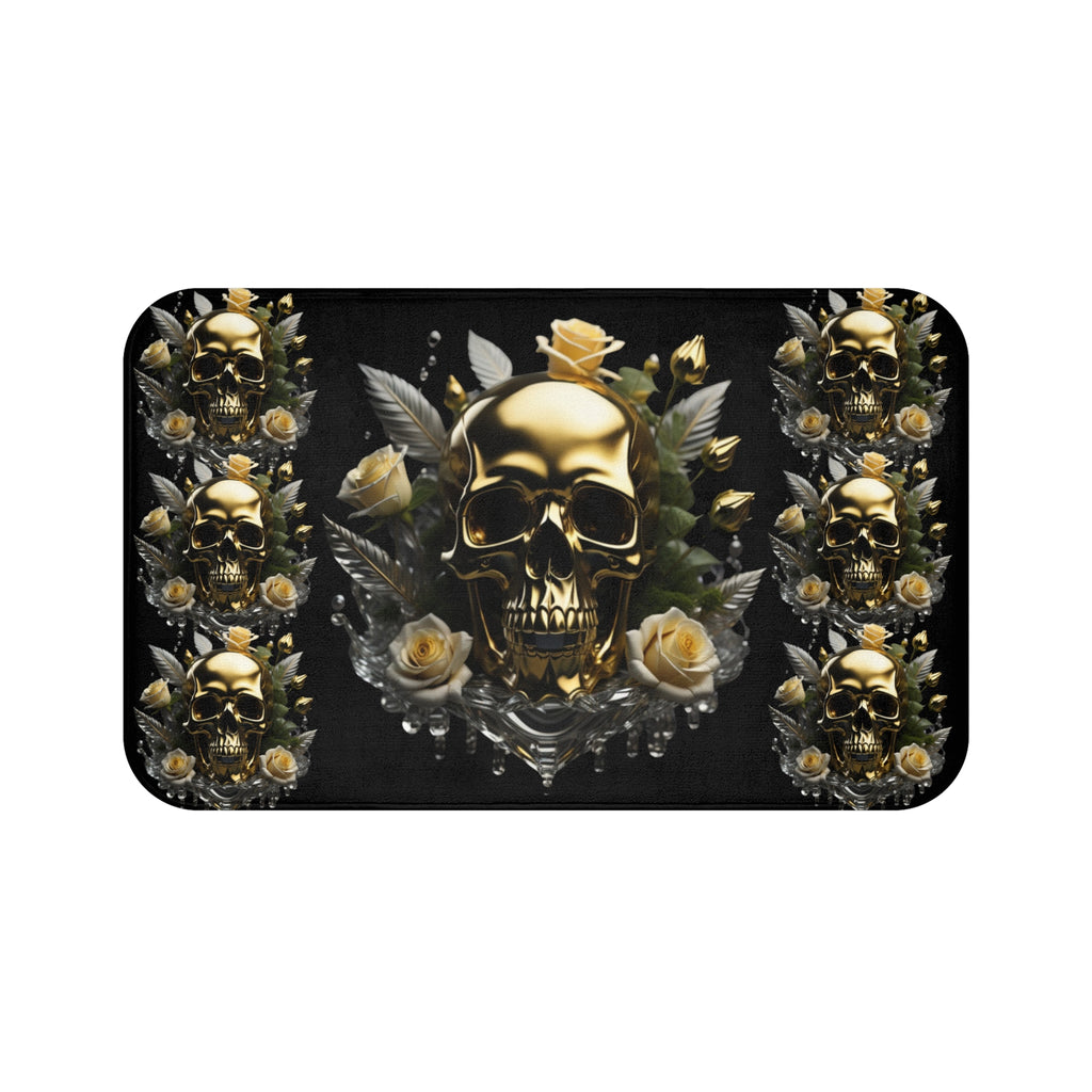 Gothic Gold Skull Crystal Rose Bath Mat — Whimsigoth Bathroom Decor