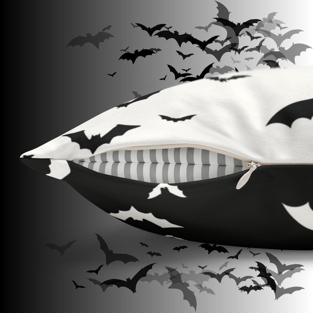 Gothic Bats Heart Throw Pillow — Black White Halloween Dark Home Decor