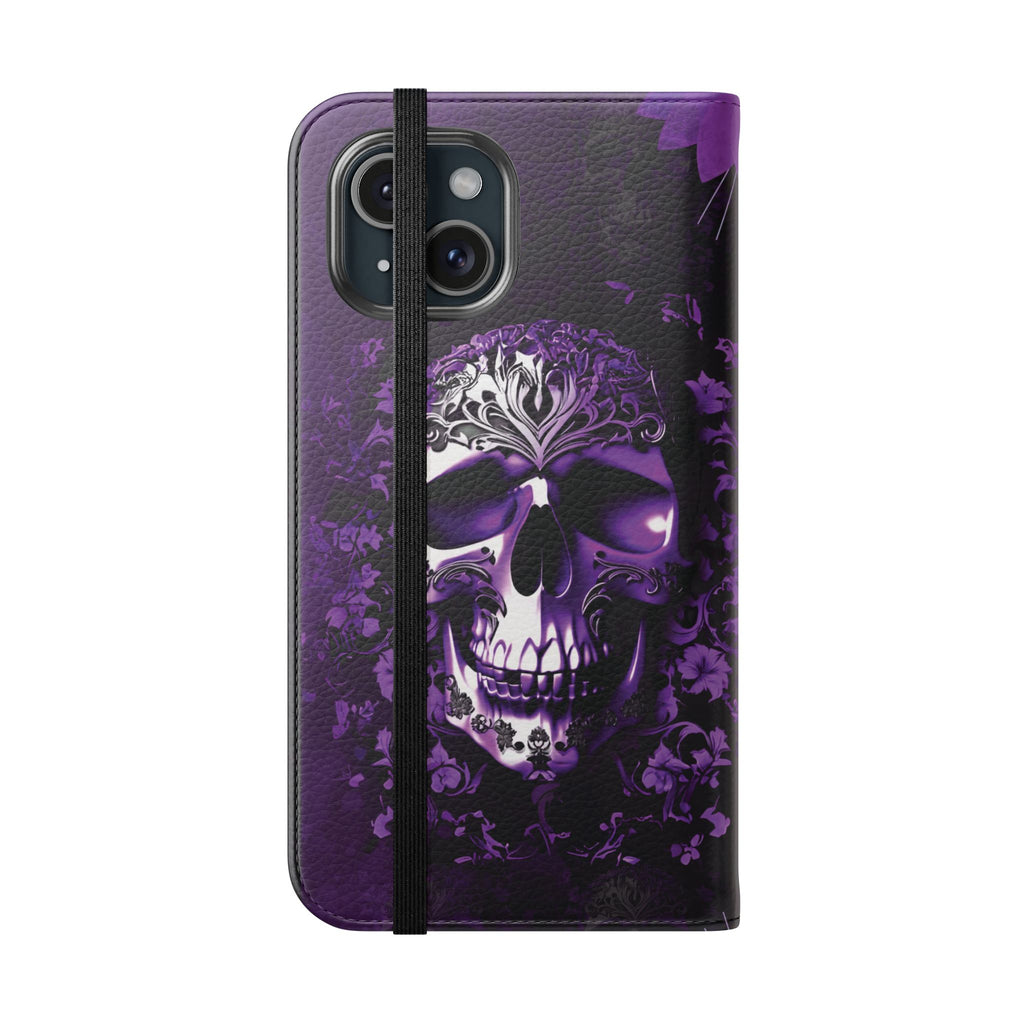 Purple Pastel Goth Skull Flip Wallet Phone Case - Skull Wallet Case for Samsung iPhone - Gothic Style Skull Wallet Phone Cases