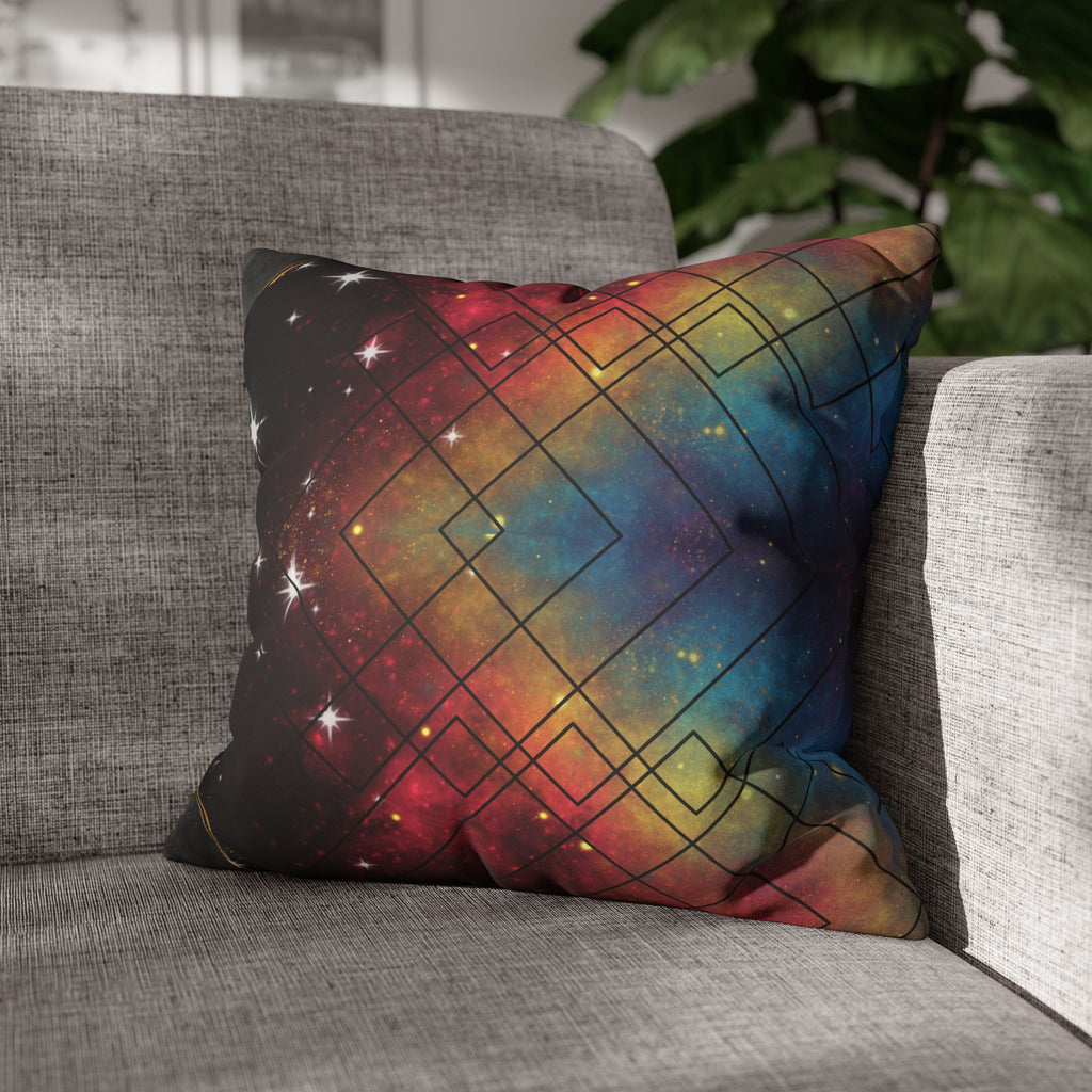 Rainbow Galaxy Geometric Throw Pillow — Celestial Cosmic Dark Home Decor