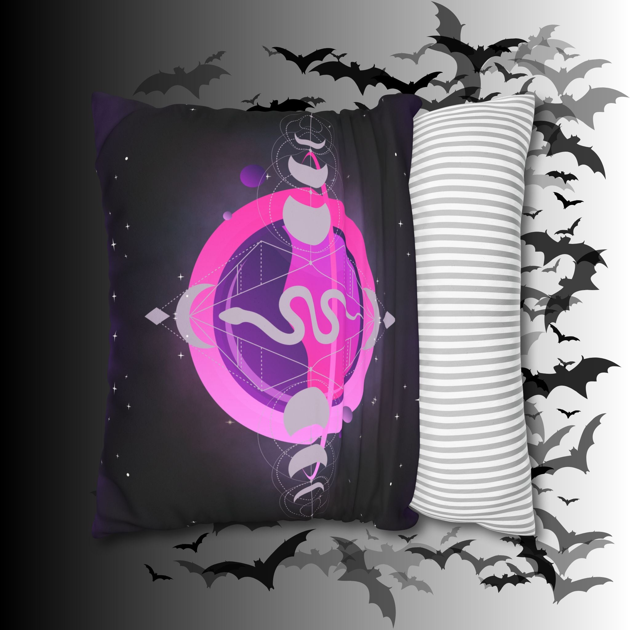 Pastel Goth Celestial Snake Moon Phases Throw Pillow — Witchy Dark Home Decor
