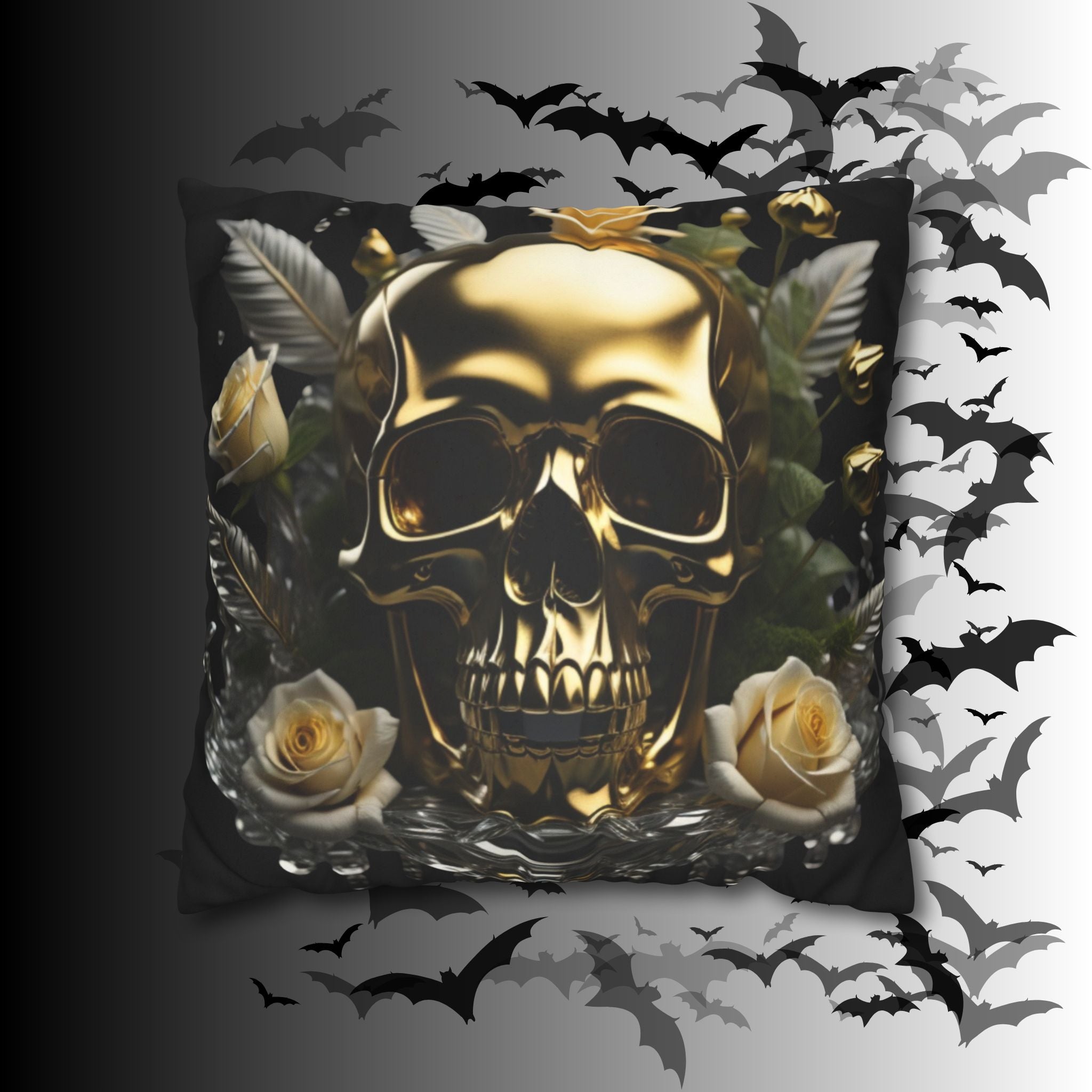 Gold Skull Botanical Throw Pillow — Dark Floral Gothic Home Decor