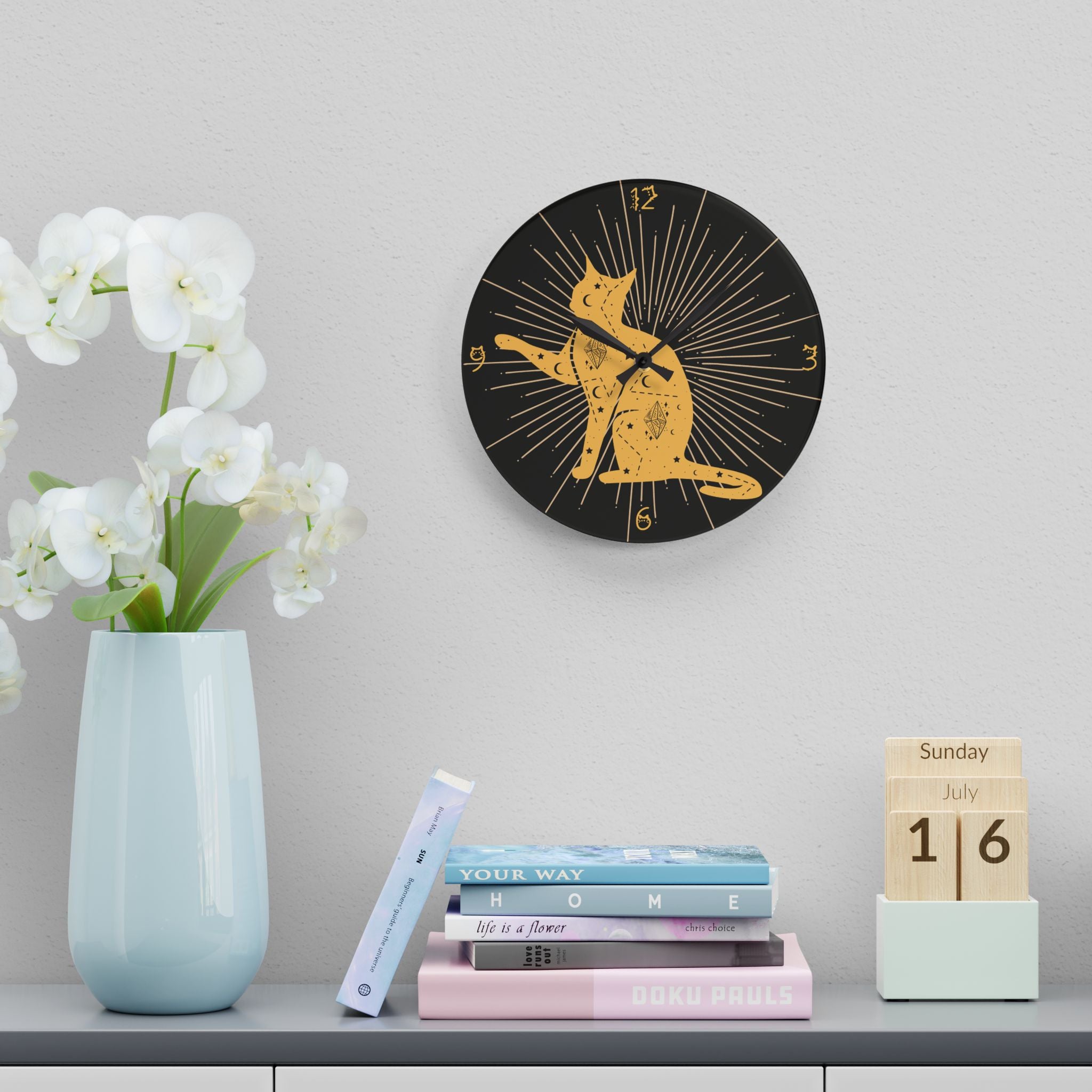 Celestial Cat Wall Clock — Gold Witchy Acrylic Art Print Home Decor