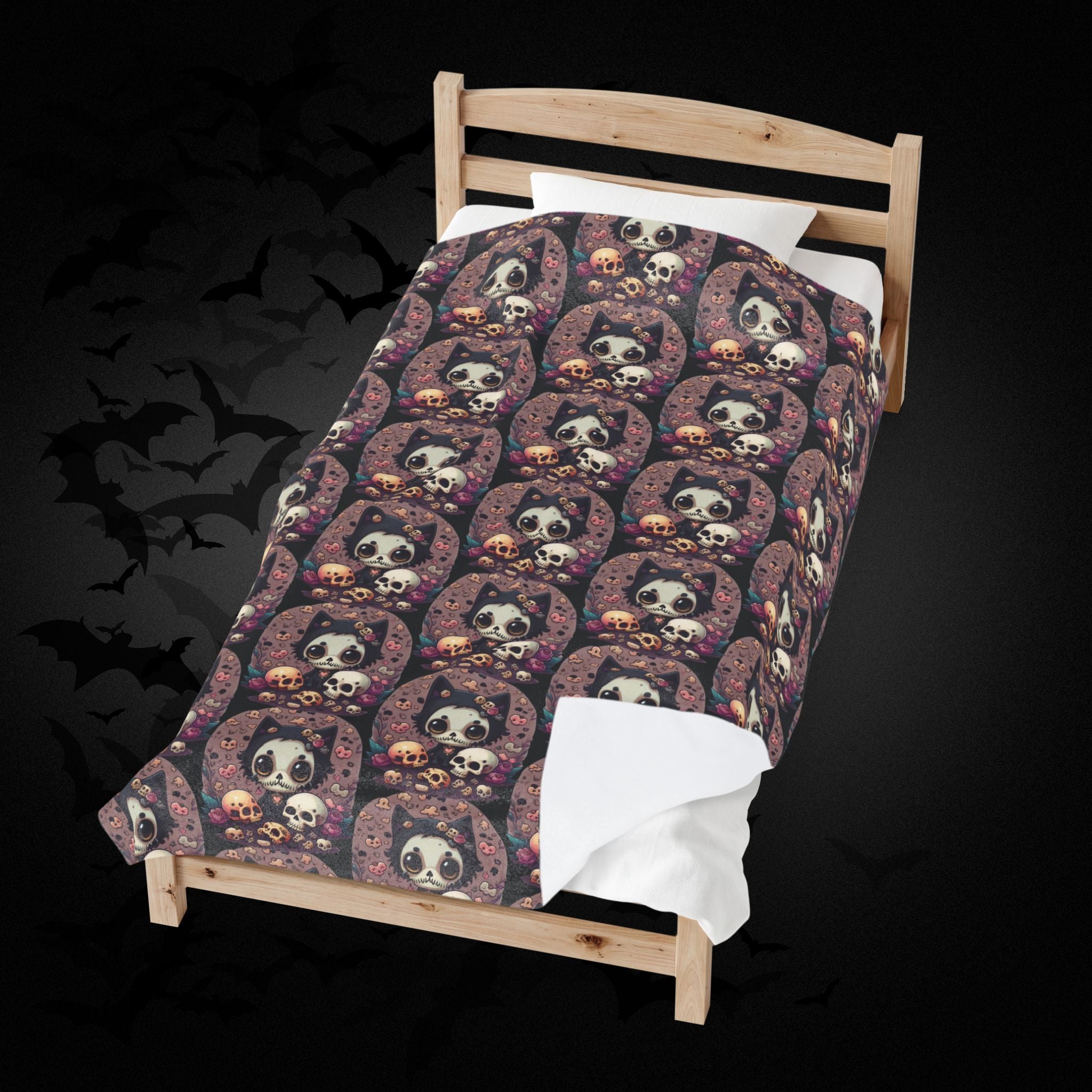 Kawaii Skull Cat Throw Blanket — Creepy Cute Gothic Home Decor