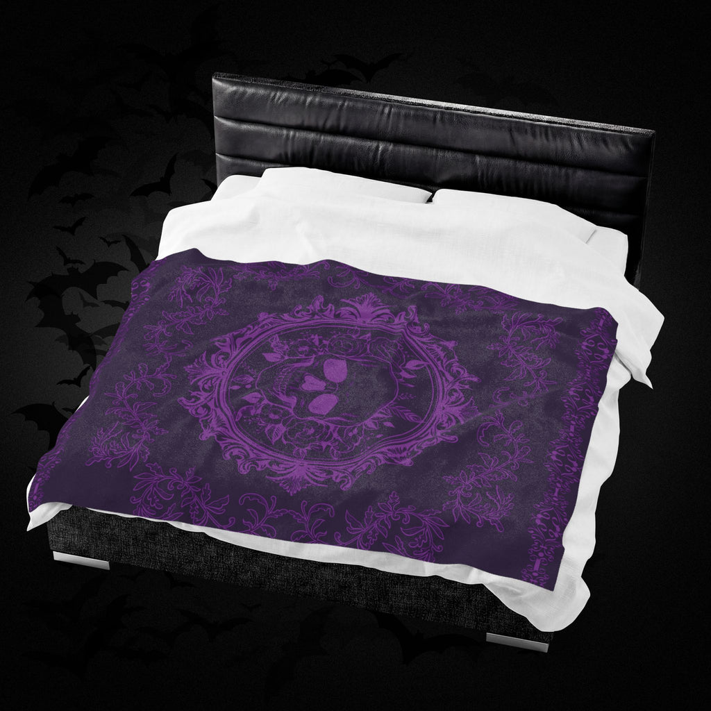 Gothic Purple Skull Botanical Throw Blanket — Tonal Dark Elegance
