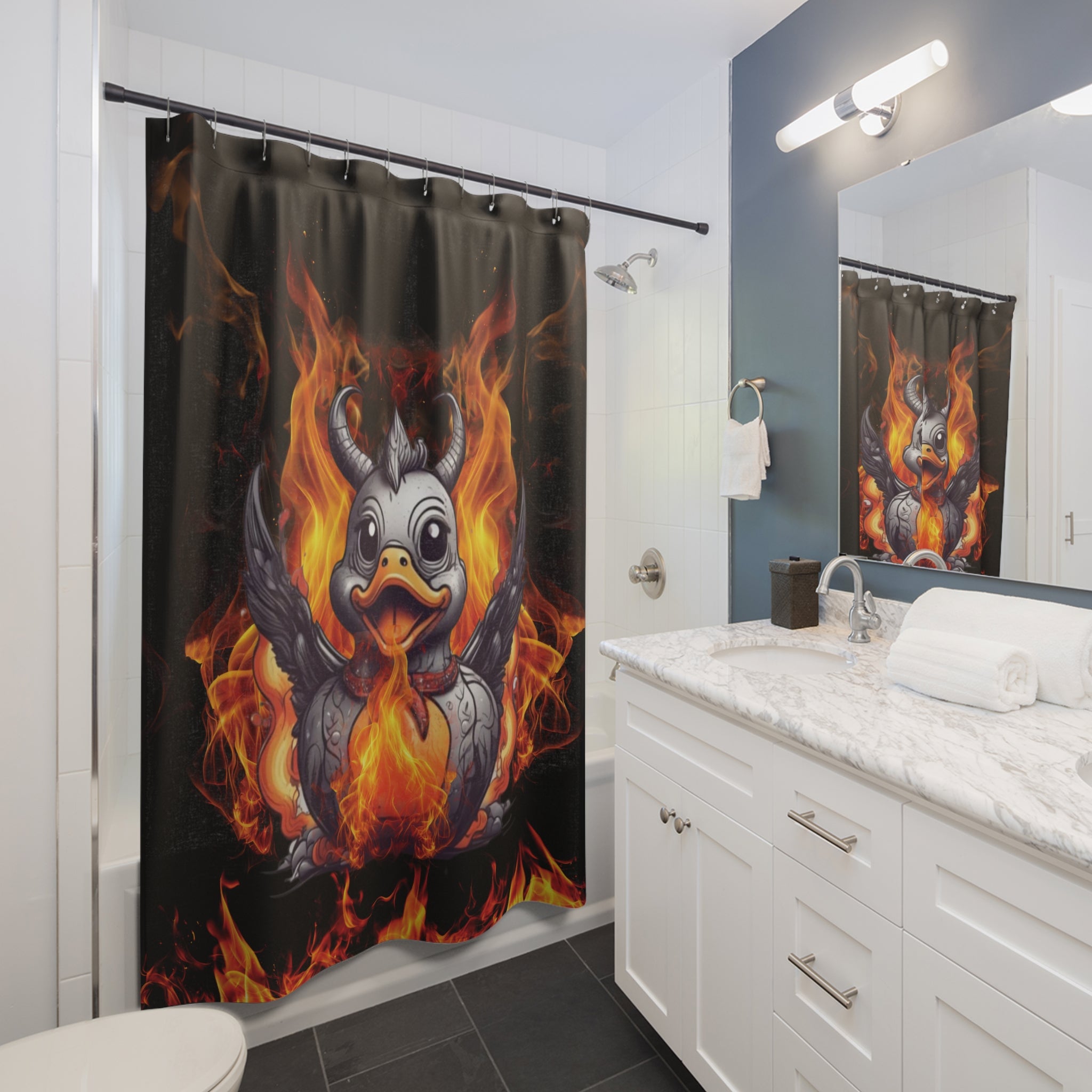 Gothic shower curtain with a demonic rubber duck in metal armor with horns and wings surrounded by flames on a black background displayed in a white bathroom