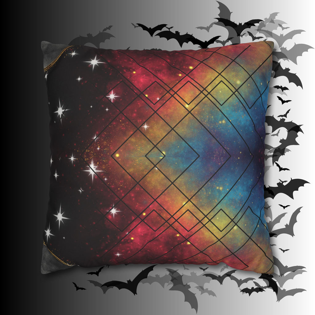 Rainbow Galaxy Geometric Throw Pillow — Celestial Cosmic Dark Home Decor