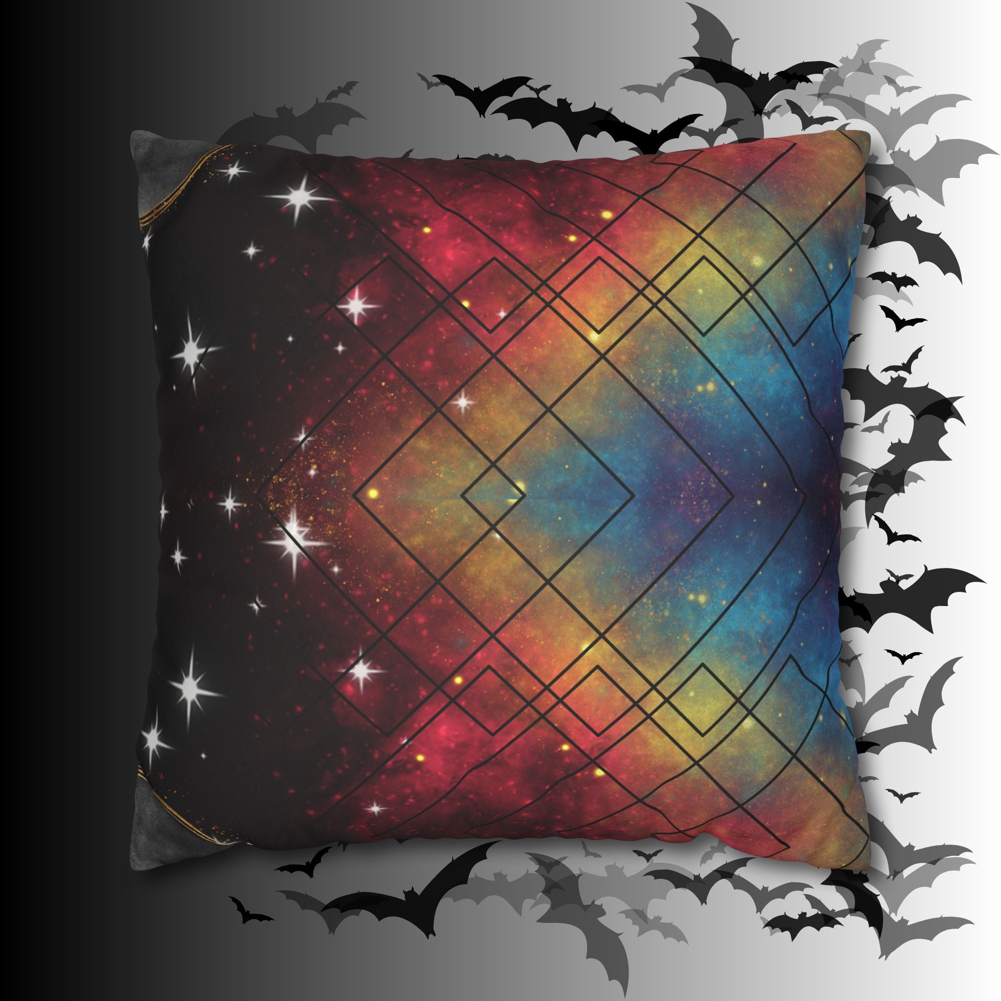 Rainbow Galaxy Geometric Throw Pillow — Celestial Cosmic Dark Home Decor