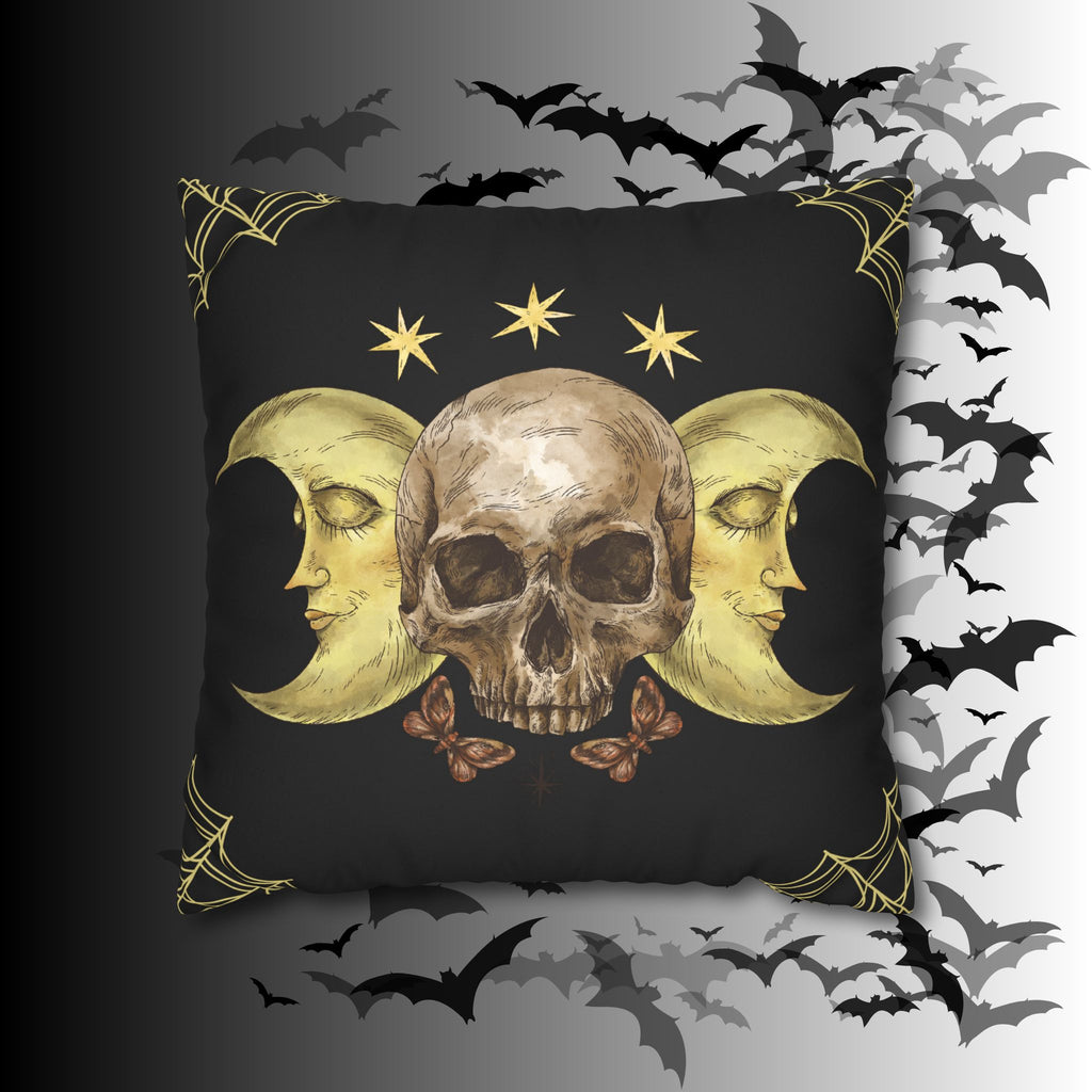 Gothic Moon Skull Throw Pillow — Celestial Dark Home Decor