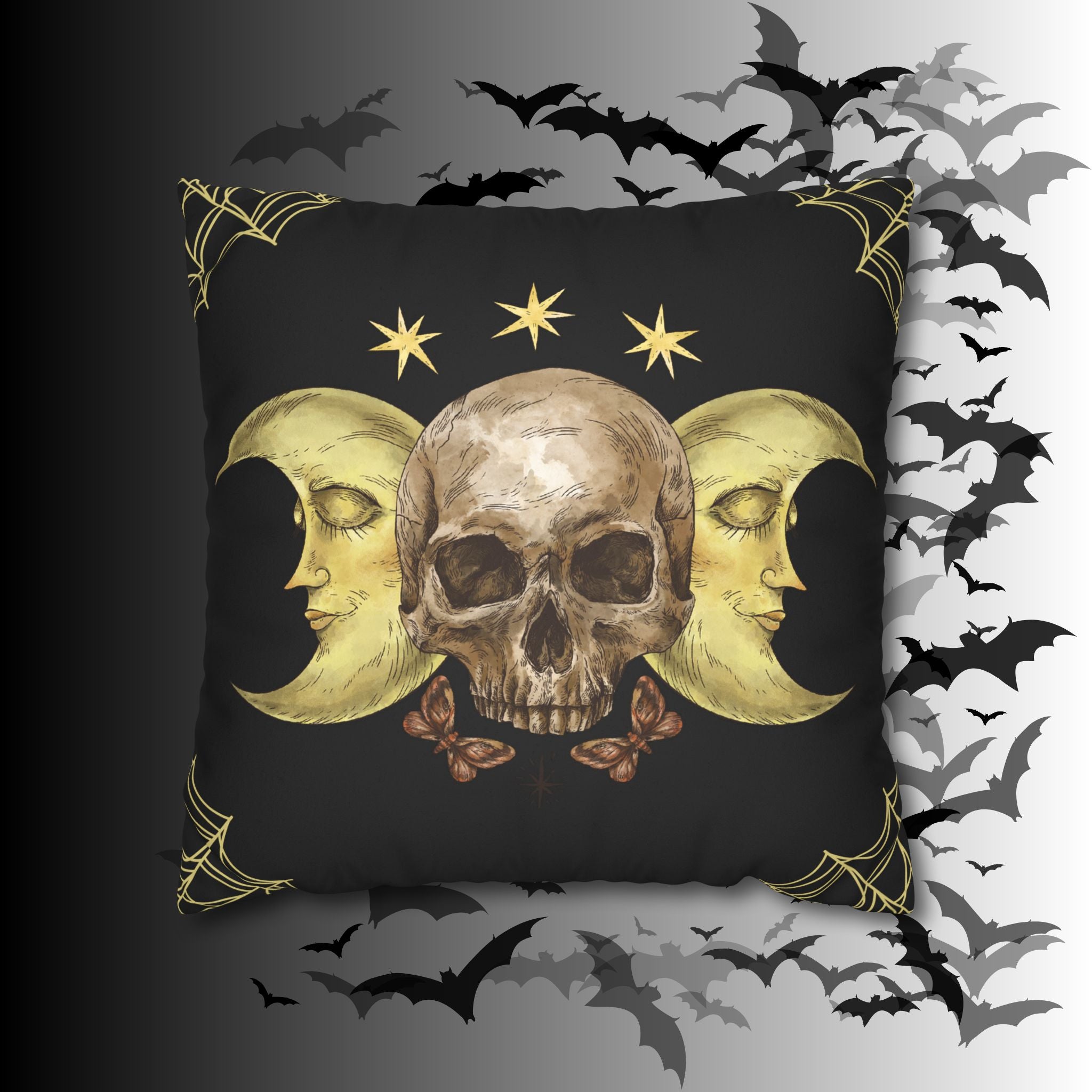 Gothic Moon Skull Throw Pillow — Celestial Dark Home Decor