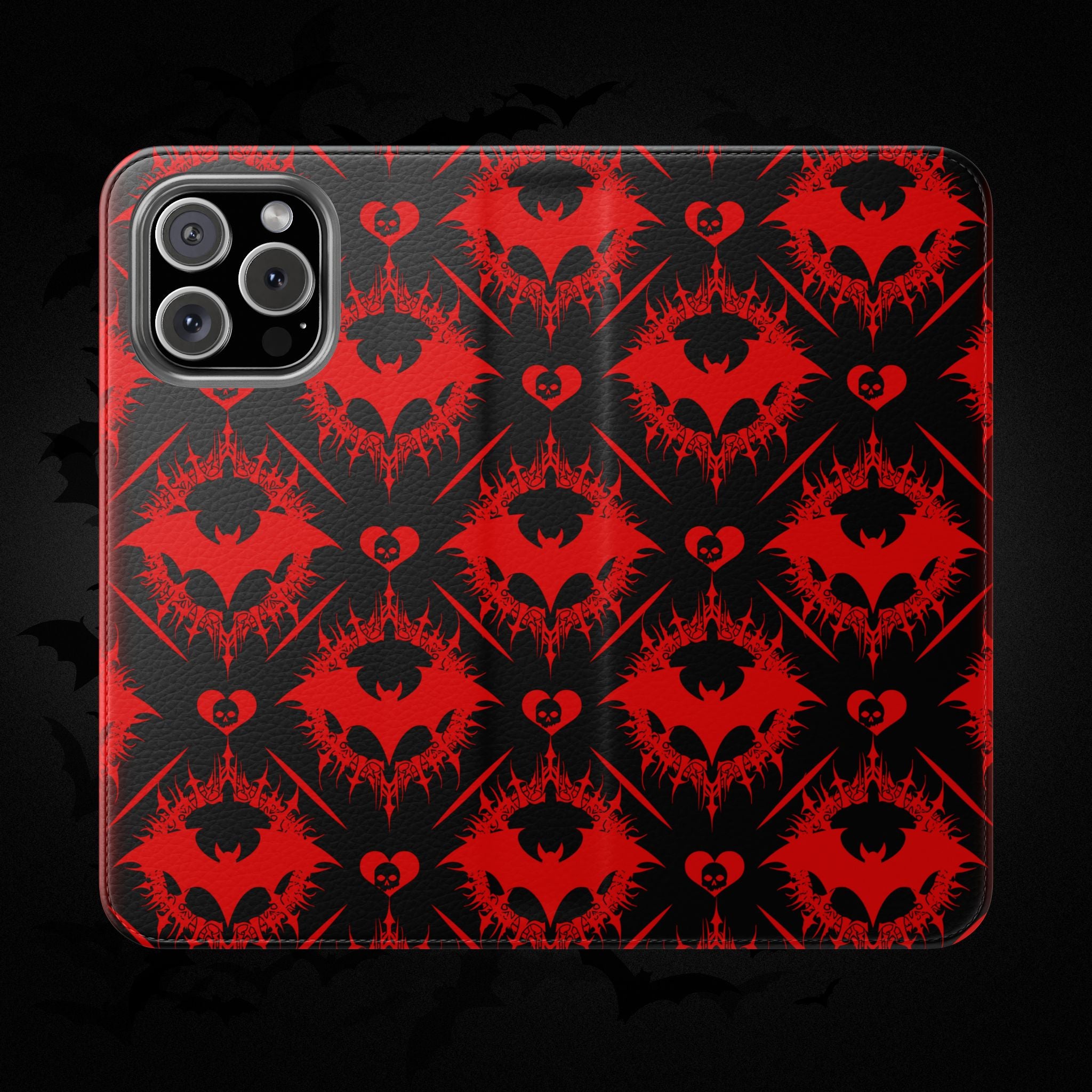 Gothic Bat Wallet Flip Case - Elegant Goth Phone Wallet - Bat Pattern Flip Case - Gothic Phone Case - Stylish Wallet Phone Case