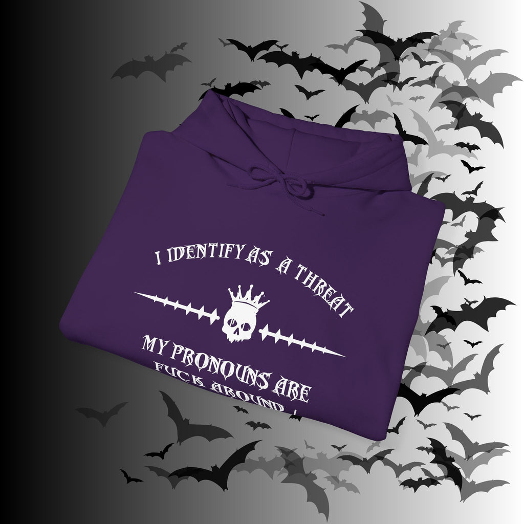 I Identify As a Threat Hoodie — Gothic Skull Sleeve Print FAFO Black