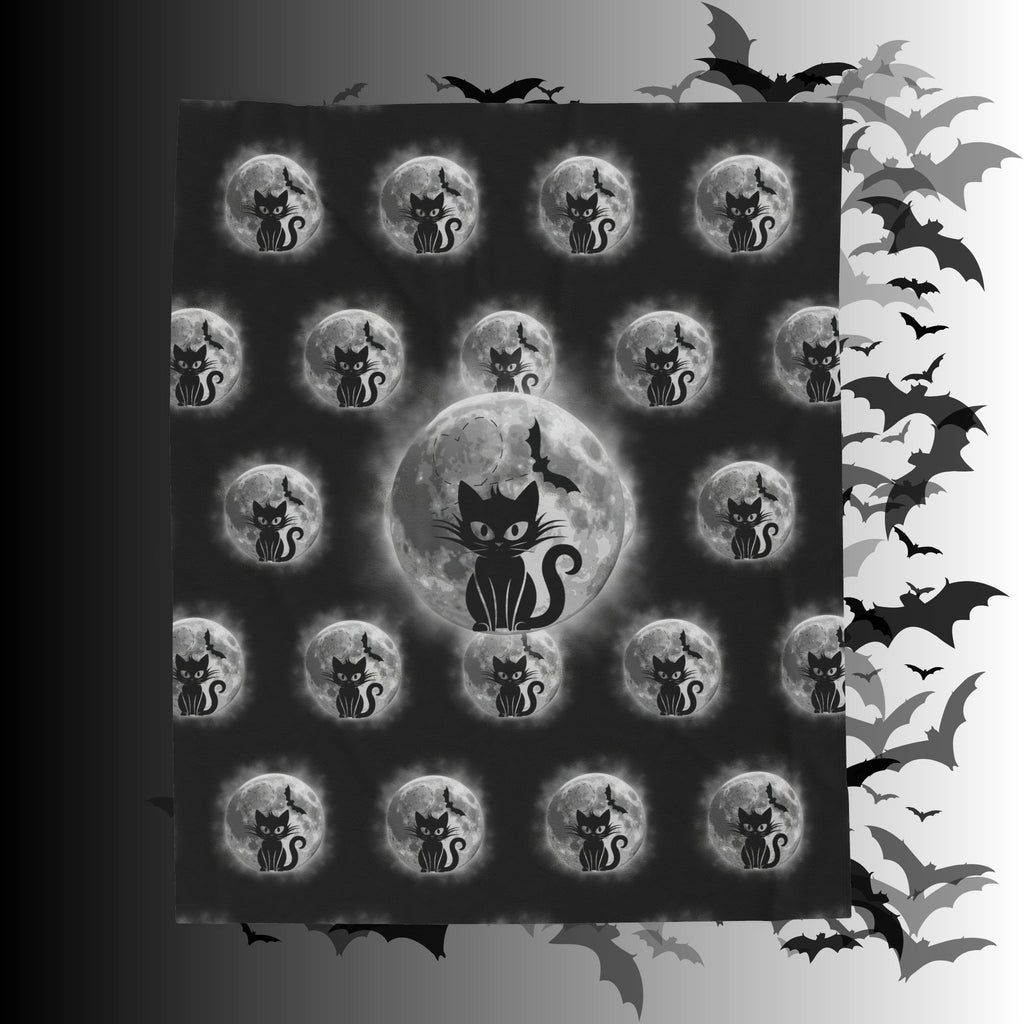 Gothic Black Cat Throw Blanket — Full Moon Bat Dark Home Decor