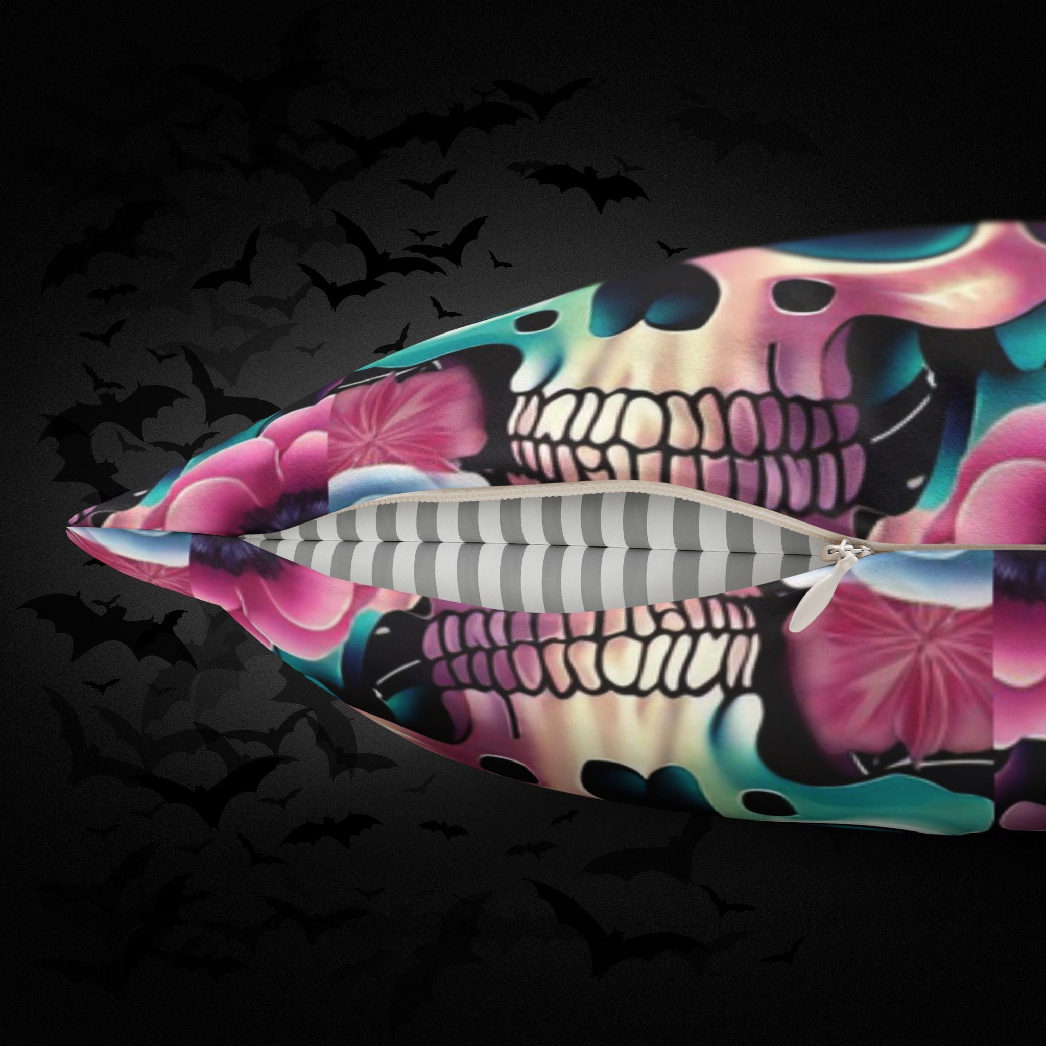Pastel Goth Floral Skull Throw Pillow — Dark Floral Emo Home Decor